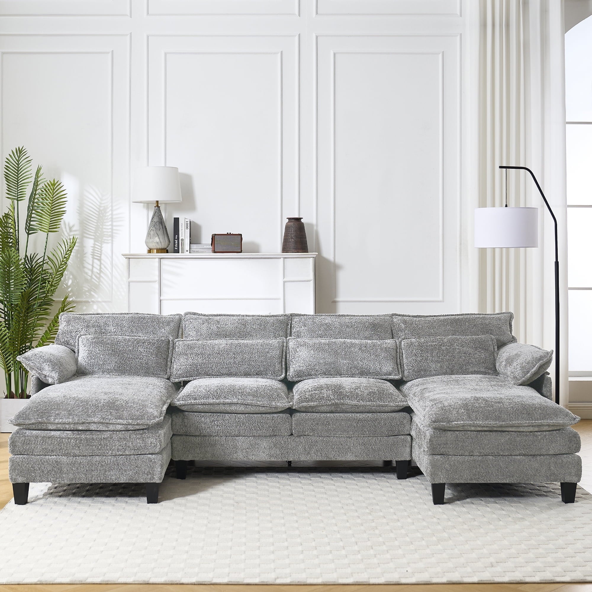 JONPONY 109.45"U Shaped Couch, 4 Seat Sectional with 4 Throw Pillows, Convertible Upholstery Symmetrical Sofá,High Dense Memory Foam with Double Chaise Lounge &Memory Foam for Living Room, Black Grey