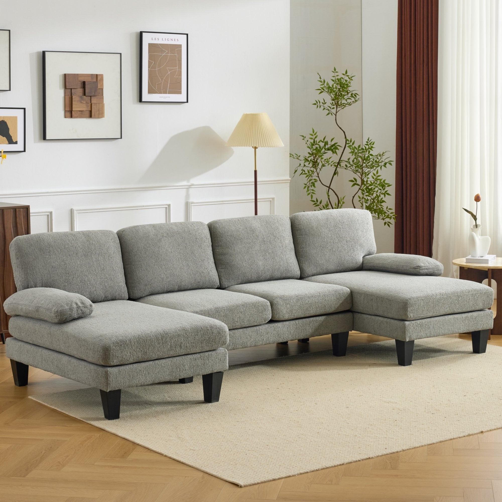 Ktaxon Sectional Sofa Set, U-Shaped Blended Chenille Couch, 4 Seat Lounge Sleeper with Chaise for Living Room Home Furniture Dark Gray