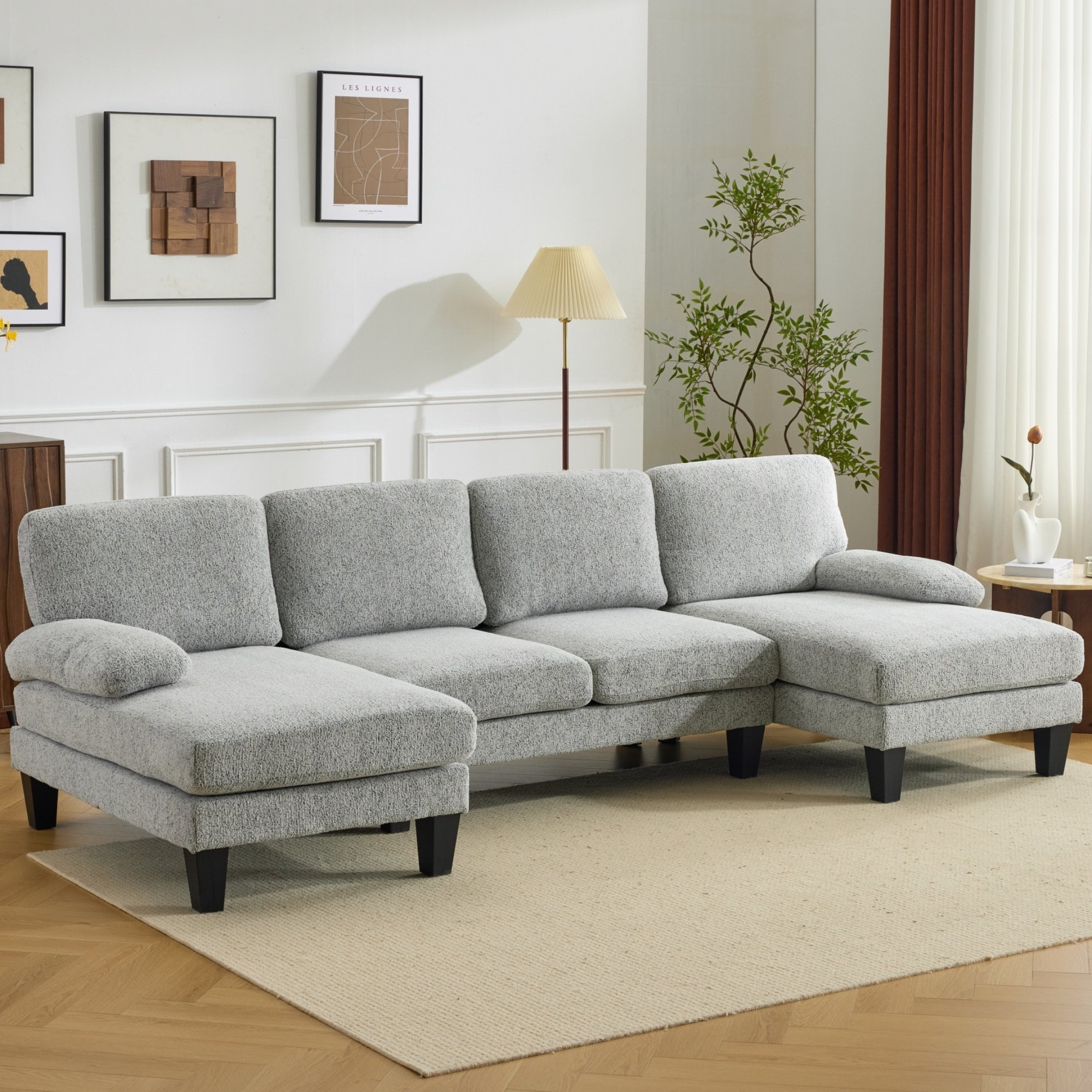 Ktaxon Sectional Sofa Set, U-Shaped Blended Chenille Couch, 4 Seat Lounge Sleeper with Chaise for Living Room Home Furniture Dark Gray