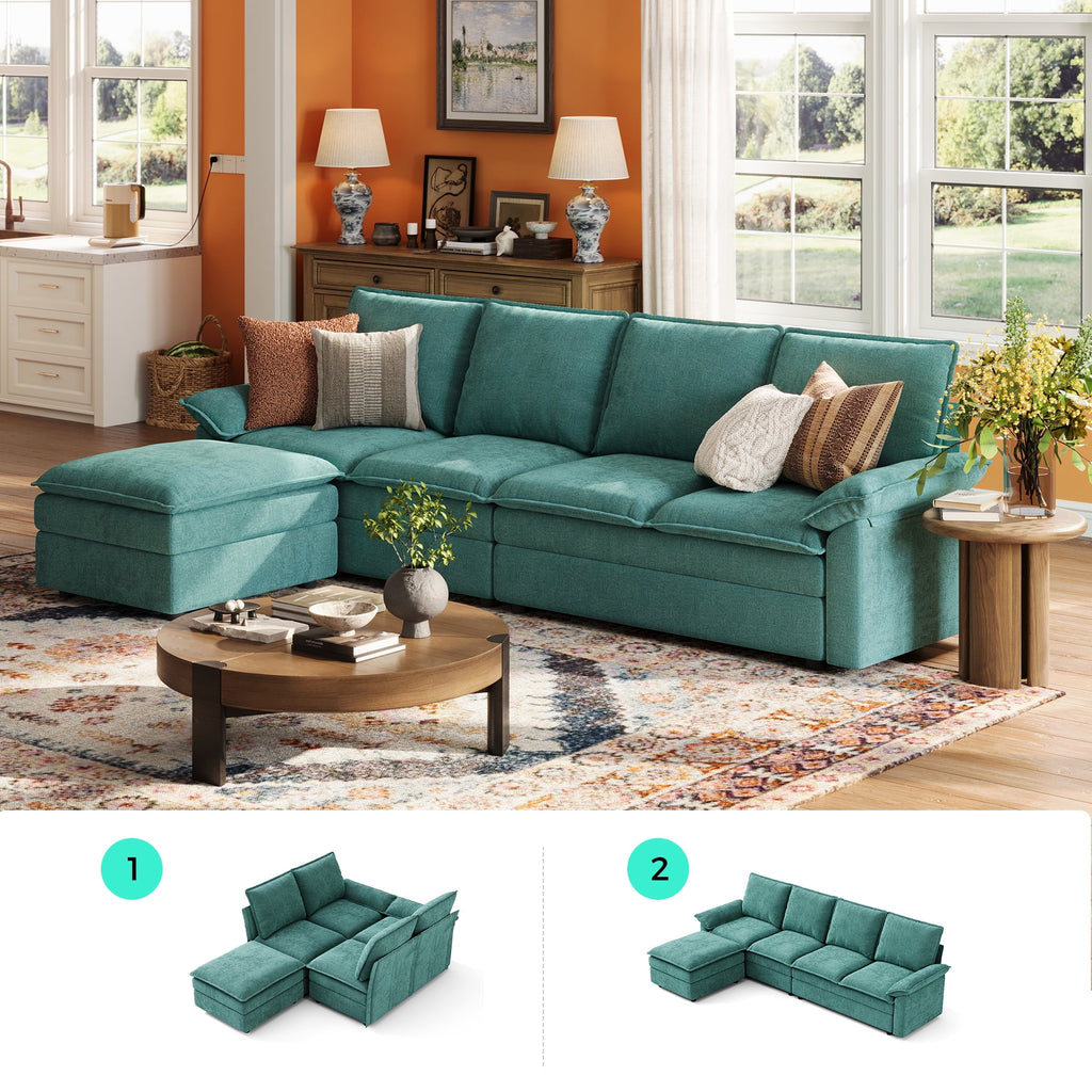 Linsy Home 113" Cloud Sectional Couches for Living Room, L-Shaped Sectional Sofa with Movable Ottoman, Green
