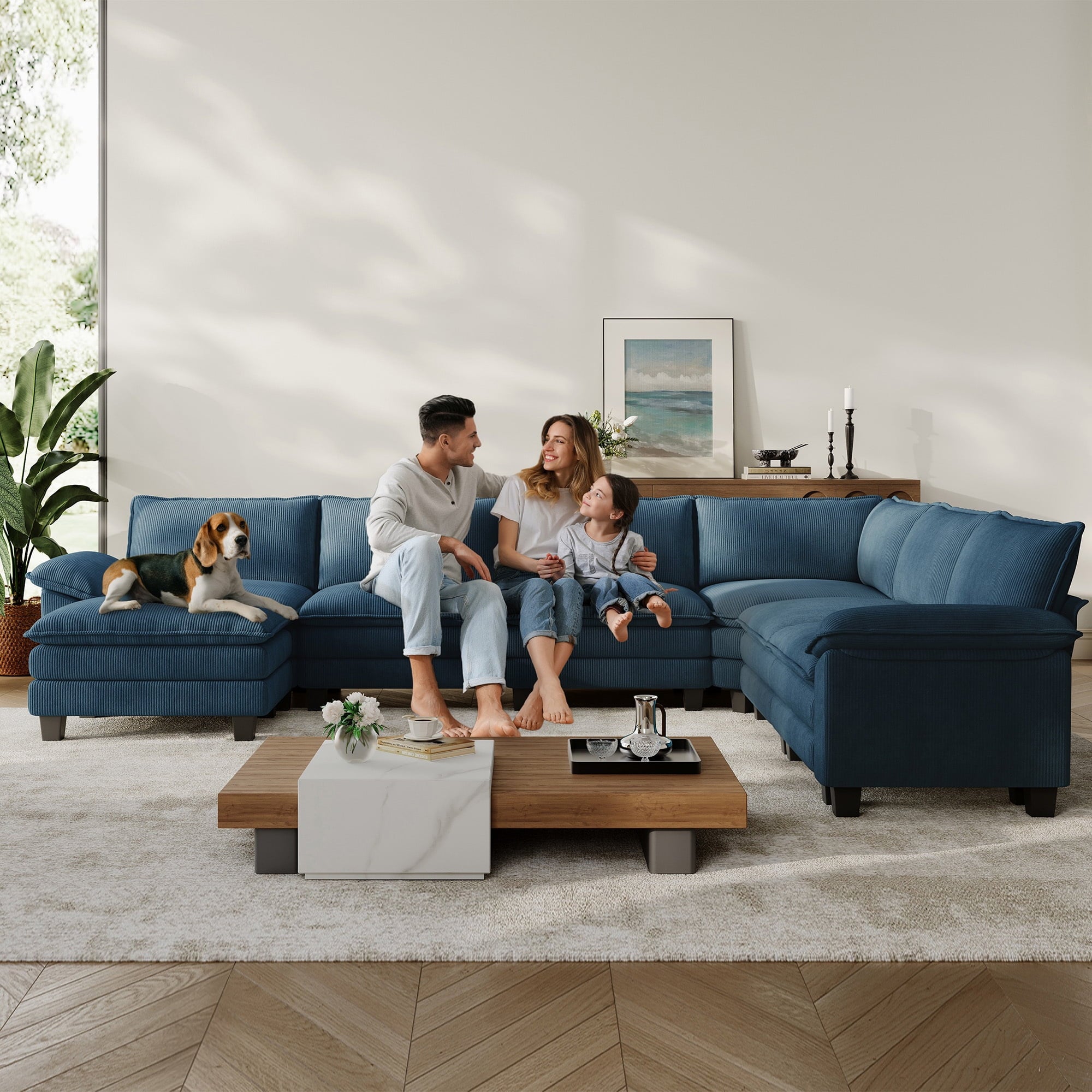 Linsy Home 123" Cloud Modular Sectional Sofa for Living Room, L-Shaped Cloud Sofa Couch with Corduroy Fabric, 3 Seat Oversized Couch with Movable Ottoman, Green