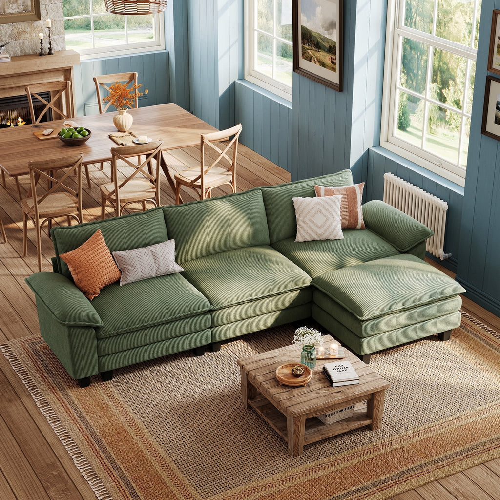 Linsy Home 123" Cloud Modular Sectional Sofa for Living Room, L-Shaped Cloud Sofa Couch with Corduroy Fabric, 3 Seat Oversized Couch with Movable Ottoman, Green