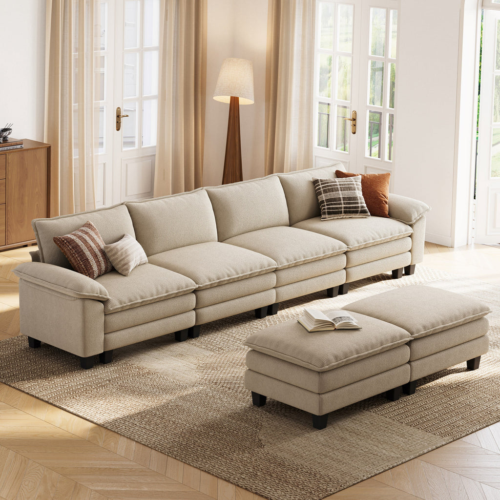 Linsy Home 123" Cloud Modular Sectional Sofa for Living Room, L-Shaped Cloud Sofa Couch with Corduroy Fabric, 3 Seat Oversized Couch with Movable Ottoman, Green