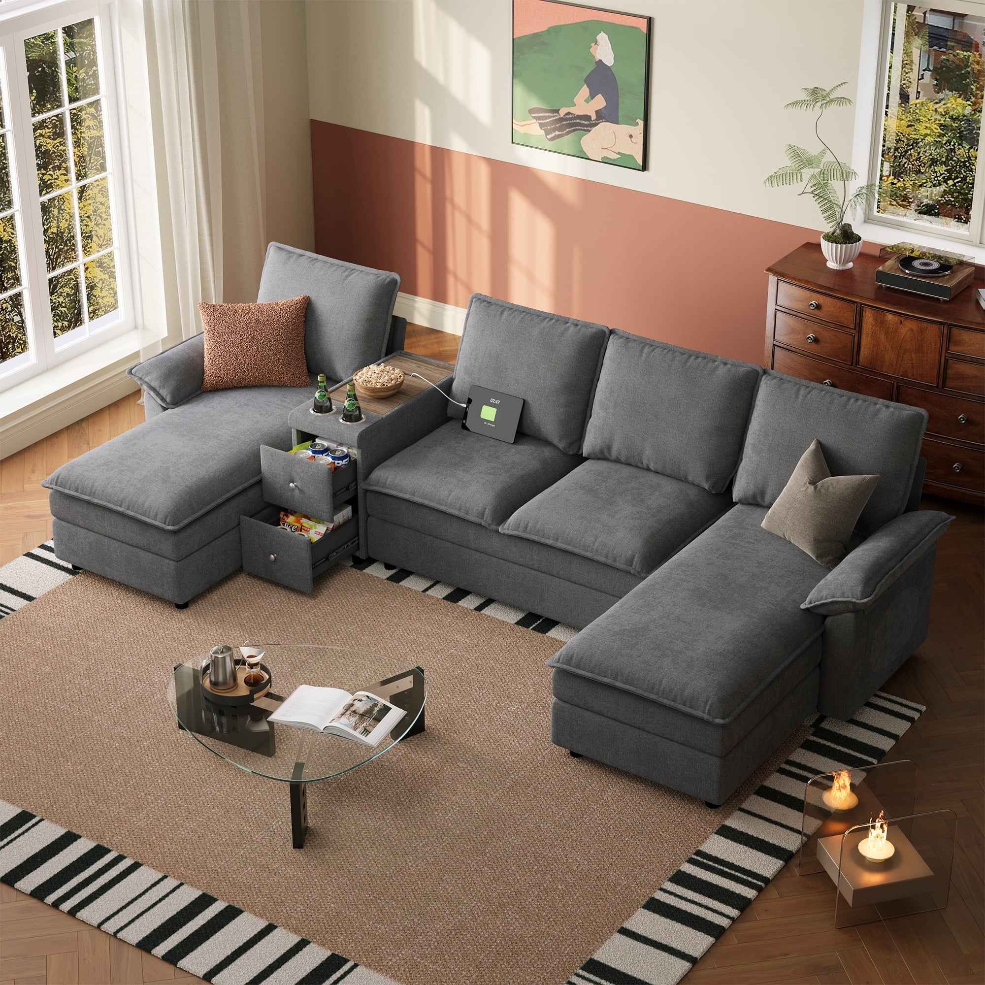 Linsy Home 113" Cloud Sectional Couches for Living Room, L-Shaped Sectional Sofa with Movable Ottoman, Green