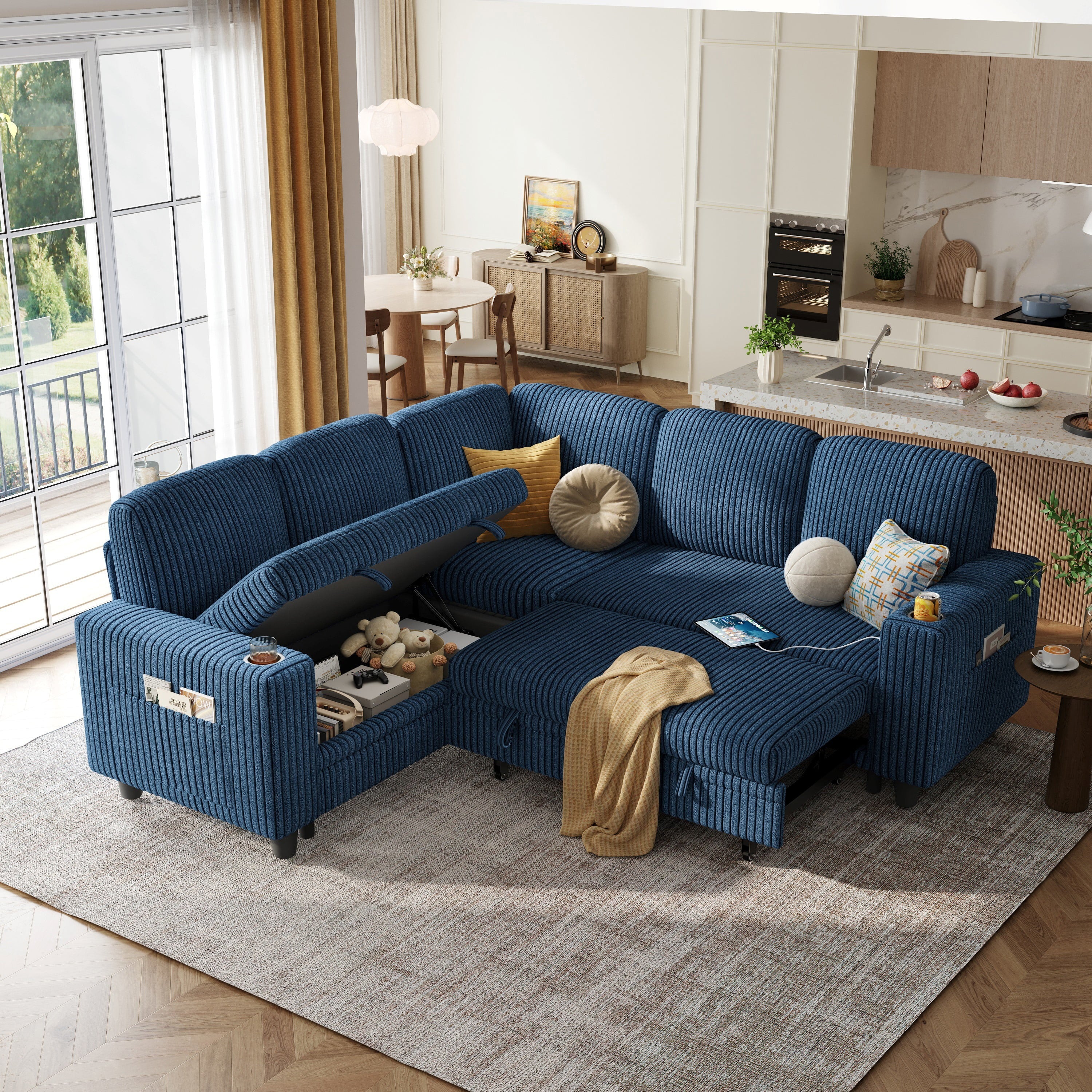 Linsy Home Plush Corduroy Sleeper Sofa Bed with Storage Seat, Pull Out Couch Bed with USB, Cup Holder, Side Pocket, V Shaped Sectional Couches for Living Room, Apartment, Green