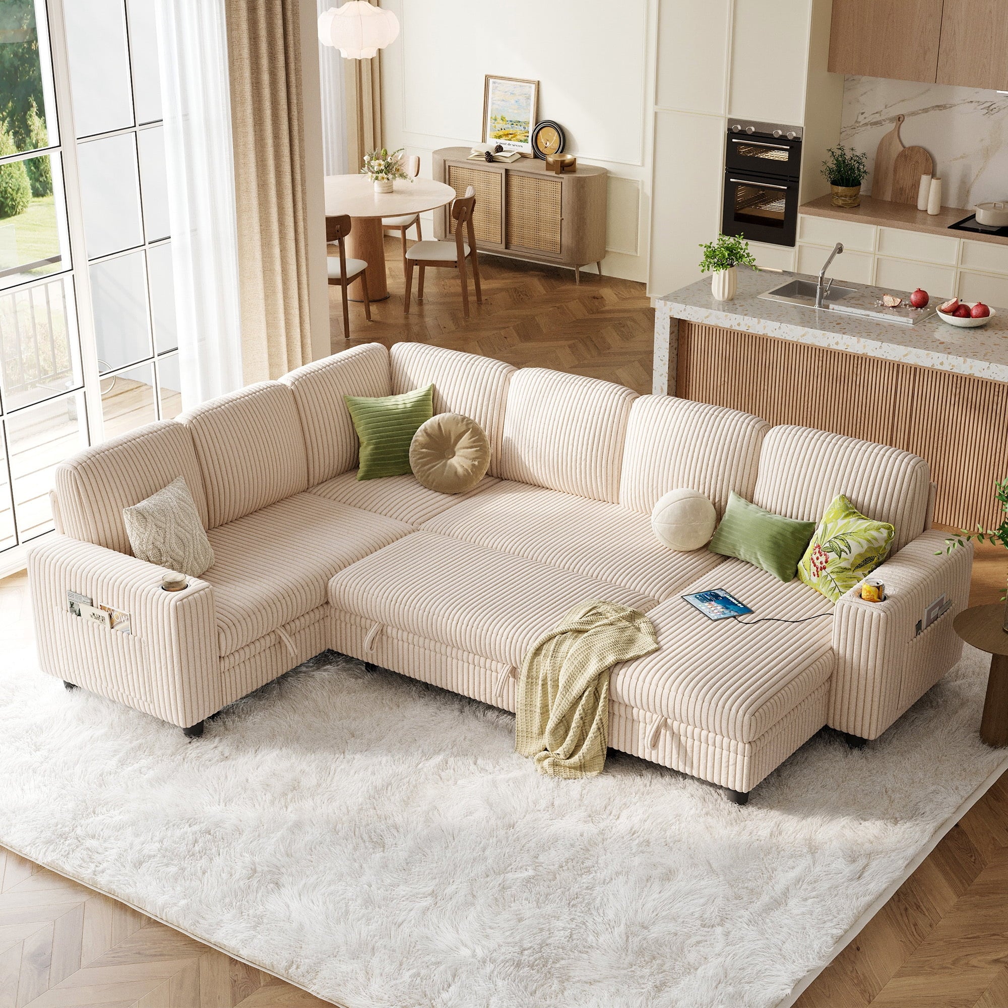 Linsy Home Plush Corduroy Sleeper Sofa Bed with Storage Seat, Pull Out Couch Bed with USB, Cup Holder, Side Pocket, V Shaped Sectional Couches for Living Room, Apartment, Green