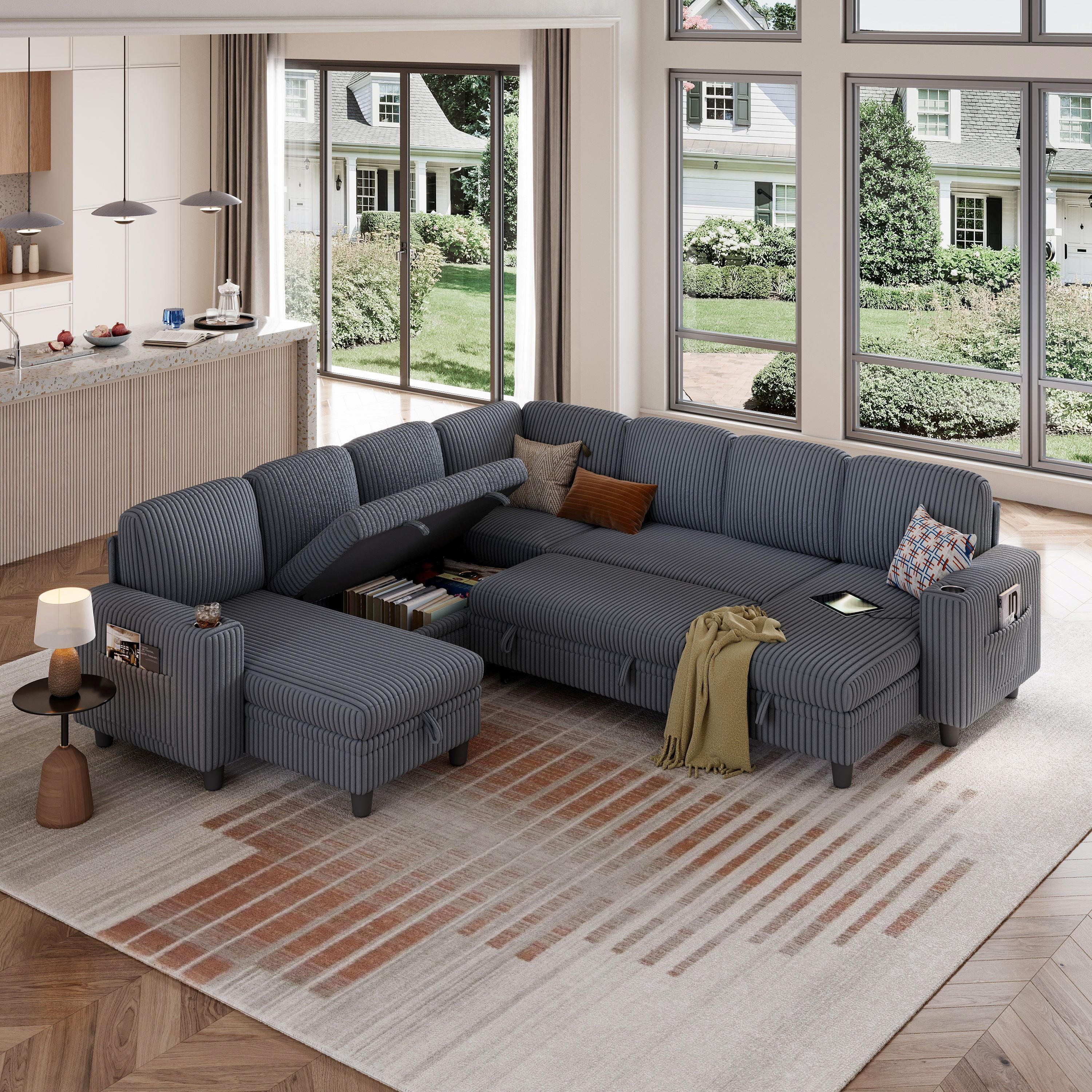 Linsy Home Plush Corduroy Sleeper Sofa Bed with Storage Seat, Pull Out Couch Bed with USB, Cup Holder, Side Pocket, V Shaped Sectional Couches for Living Room, Apartment, Green