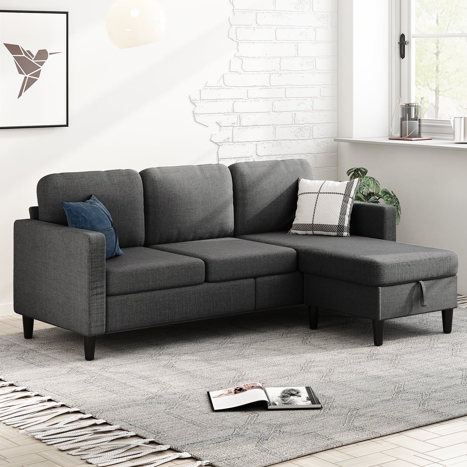 MUZZ 76" Small Space Sectional Sofa with Storage – L-Shaped with Storage Ottoman & Movable Modules, Dark Grey Linen Living Room Couch