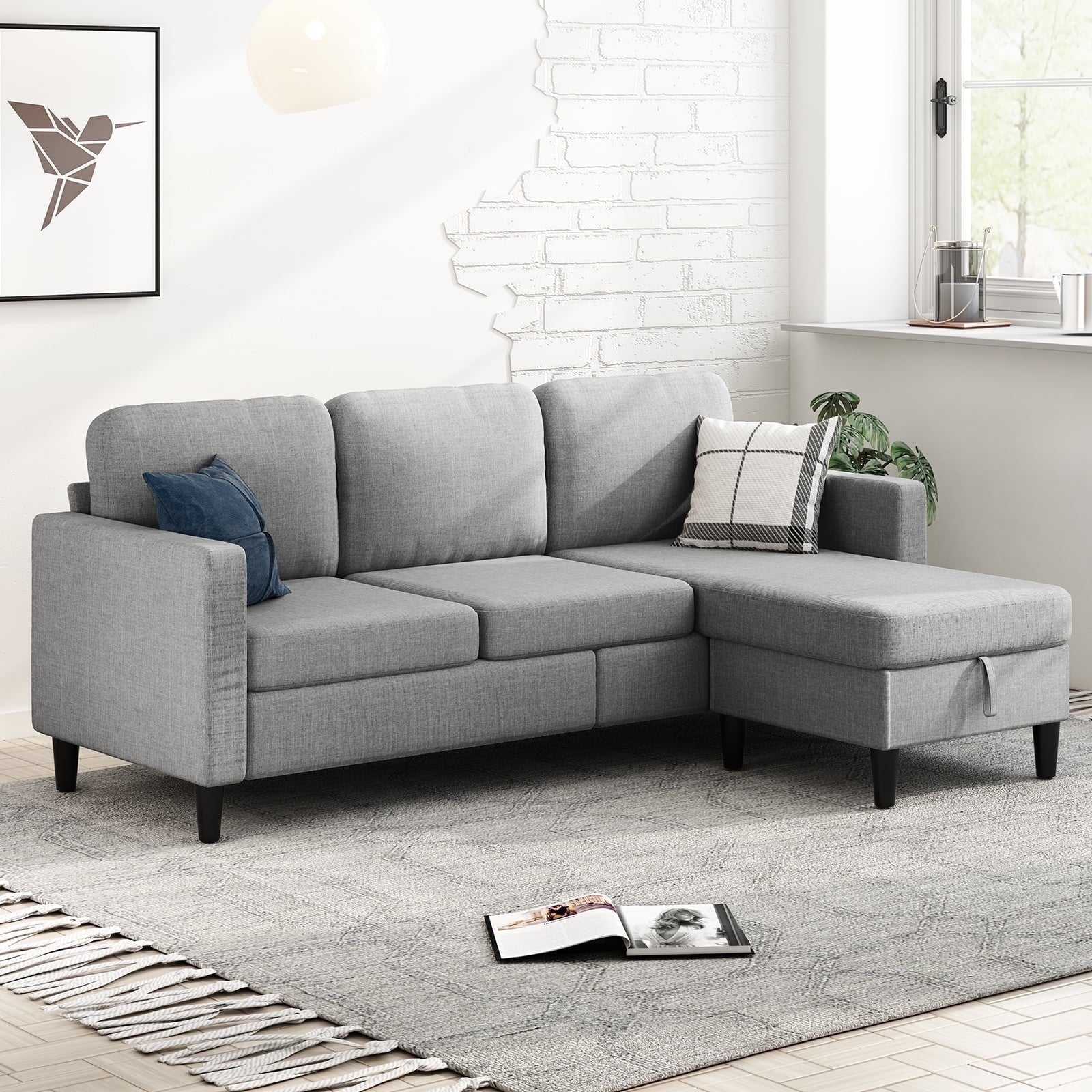 MUZZ 76" Small Space Sectional Sofa with Storage – L-Shaped with Storage Ottoman & Movable Modules, Dark Grey Linen Living Room Couch