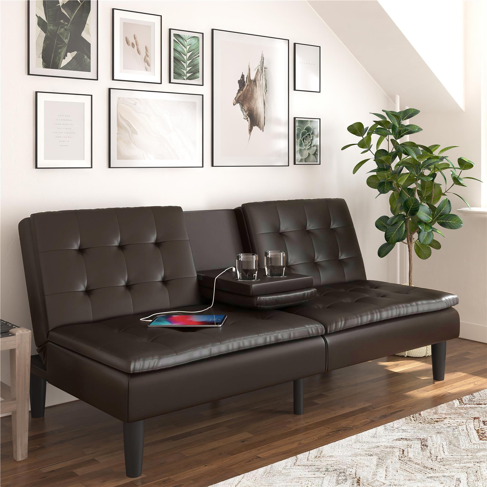 Mainstays Memory Foam 71.5" Futon with Cupholder and USB, Black Faux Leather