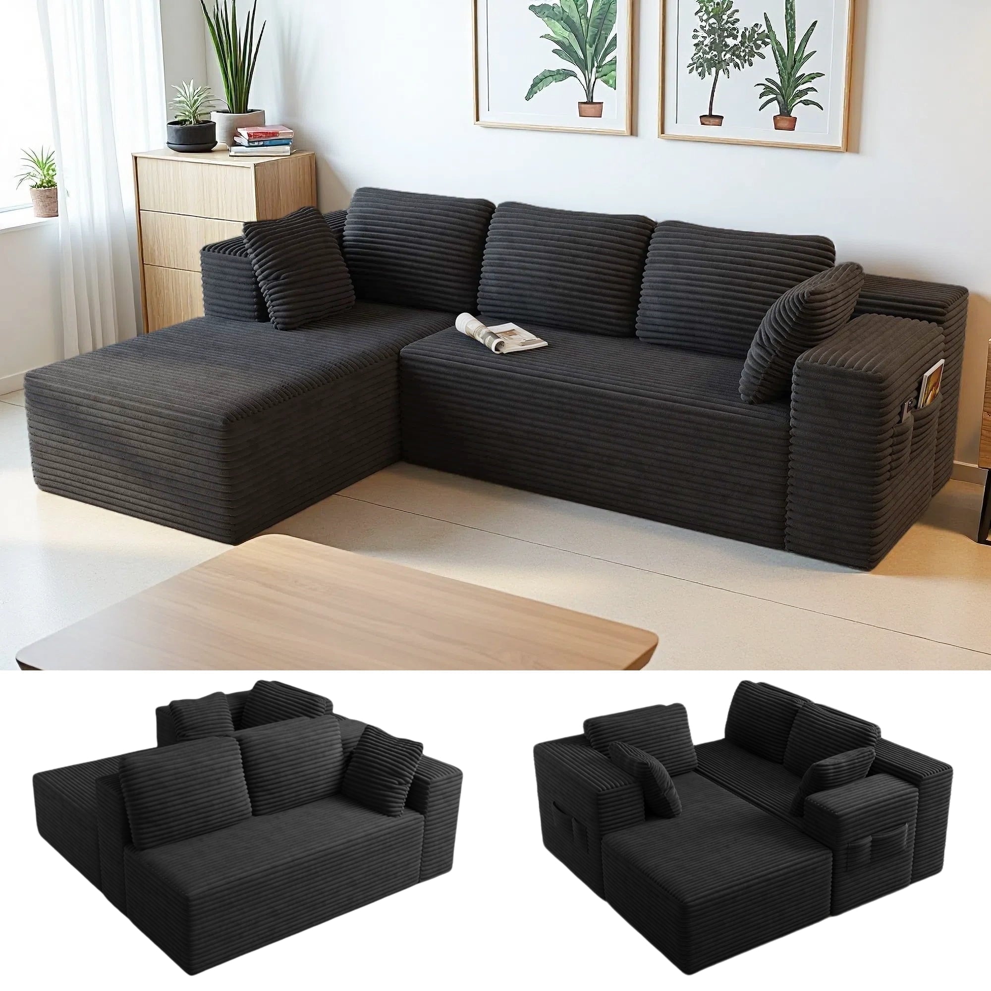 82"L-Shaped Couch, Lofka Sectional Sofa with 4" Thick Cushions, Soft Velvet 3 Seats Couches for Living Room, Apartment and Small Space, Dark Grey Couch