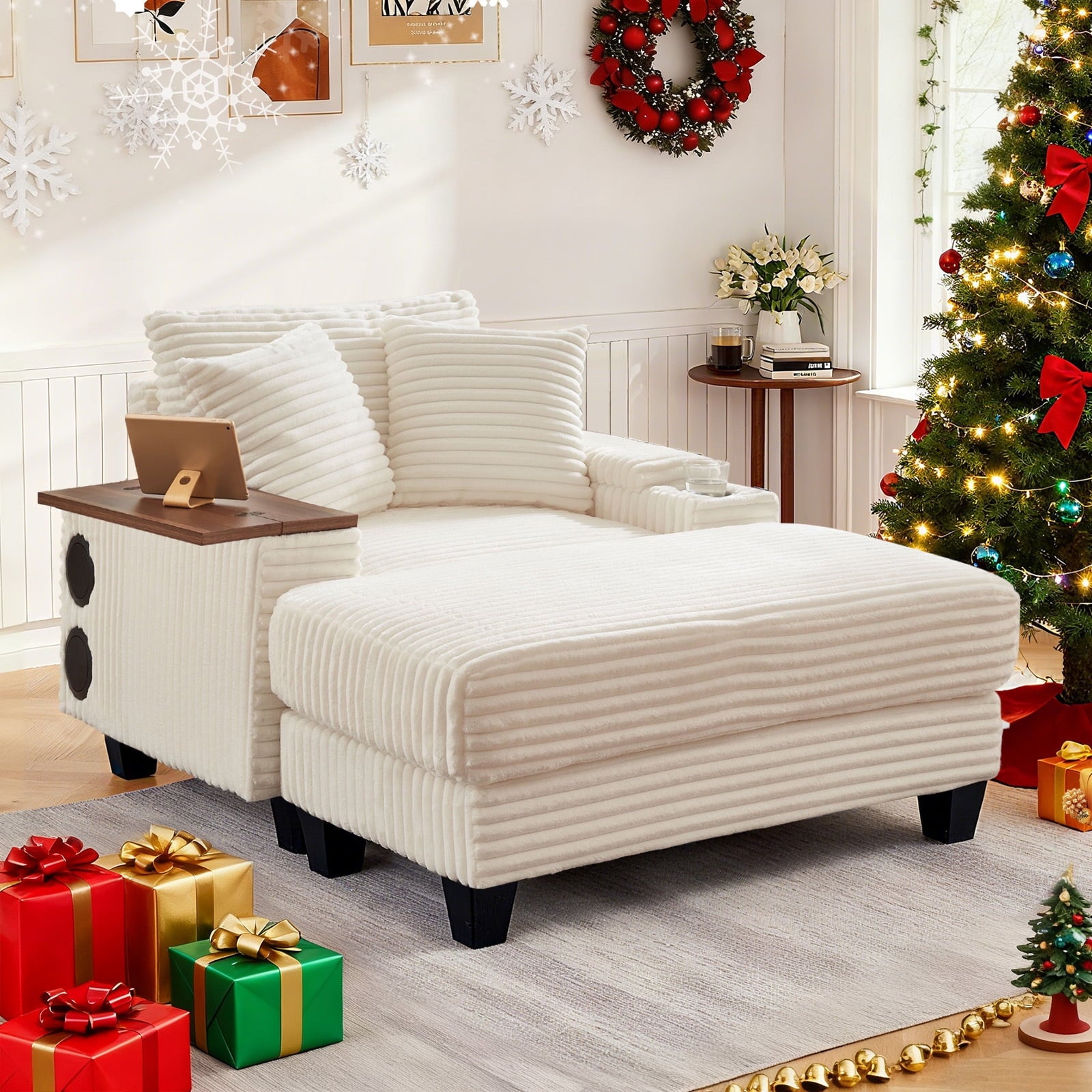 Muumblus Oversized Living Room Chair with Bluetooth Speaker, Ottoman, Rotating Table Board & USB, Cozy Indoor Lounge Reading Armchair, White Corduroy