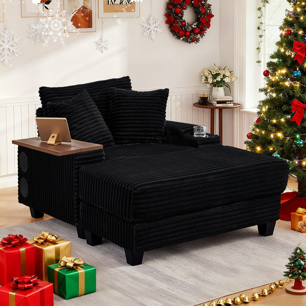 Muumblus Oversized Living Room Chair with Bluetooth Speaker, Ottoman, Rotating Table Board & USB, Cozy Indoor Lounge Reading Armchair, White Corduroy