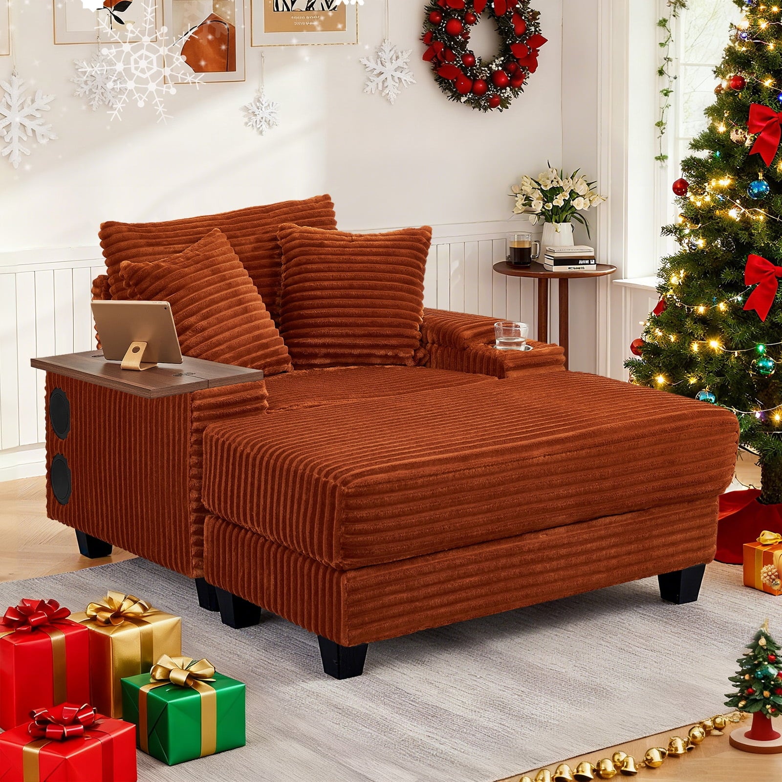 Muumblus Oversized Living Room Chair with Bluetooth Speaker, Ottoman, Rotating Table Board & USB, Cozy Indoor Lounge Reading Armchair, White Corduroy