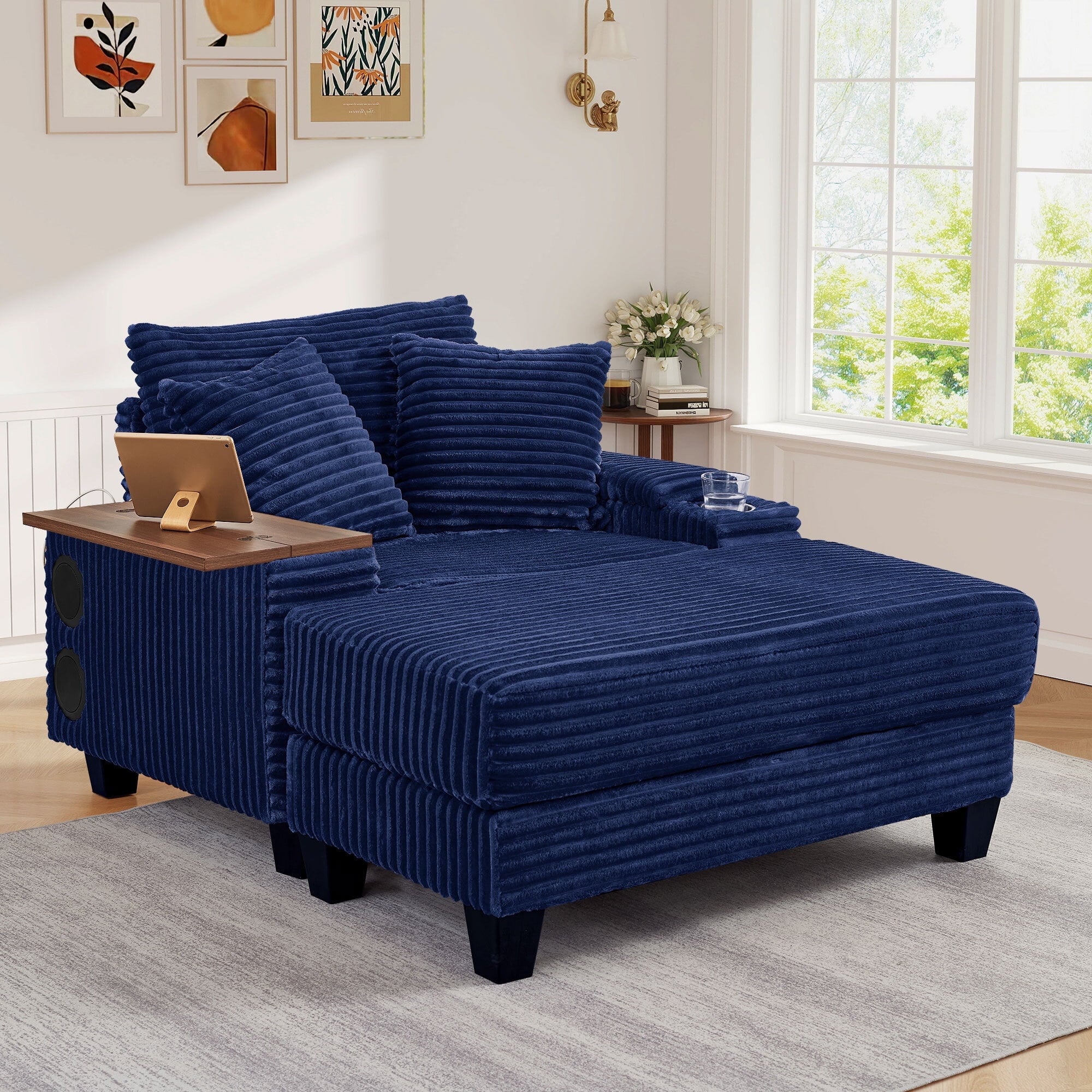 Muumblus Oversized Living Room Chair with Bluetooth Speaker, Ottoman, Rotating Table Board & USB, Cozy Indoor Lounge Reading Armchair, White Corduroy