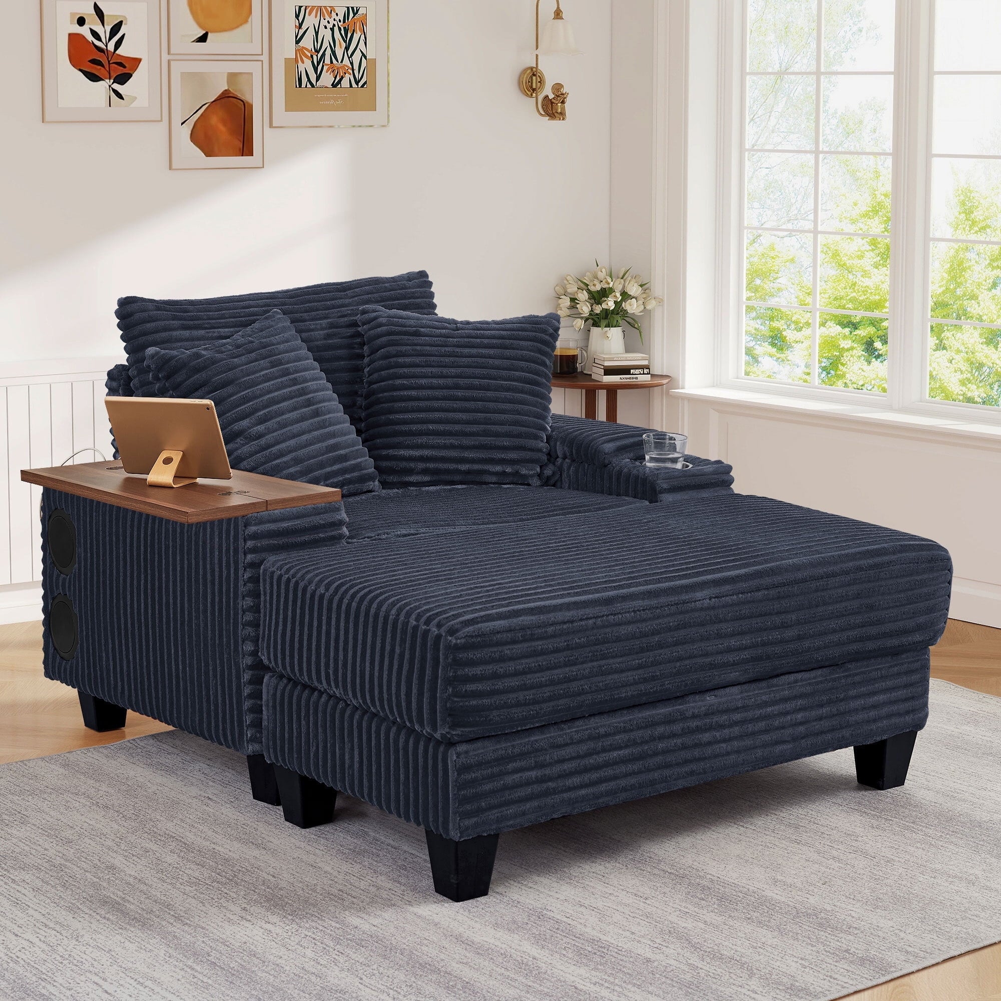 Muumblus Oversized Living Room Chair with Bluetooth Speaker, Ottoman, Rotating Table Board & USB, Cozy Indoor Lounge Reading Armchair, White Corduroy