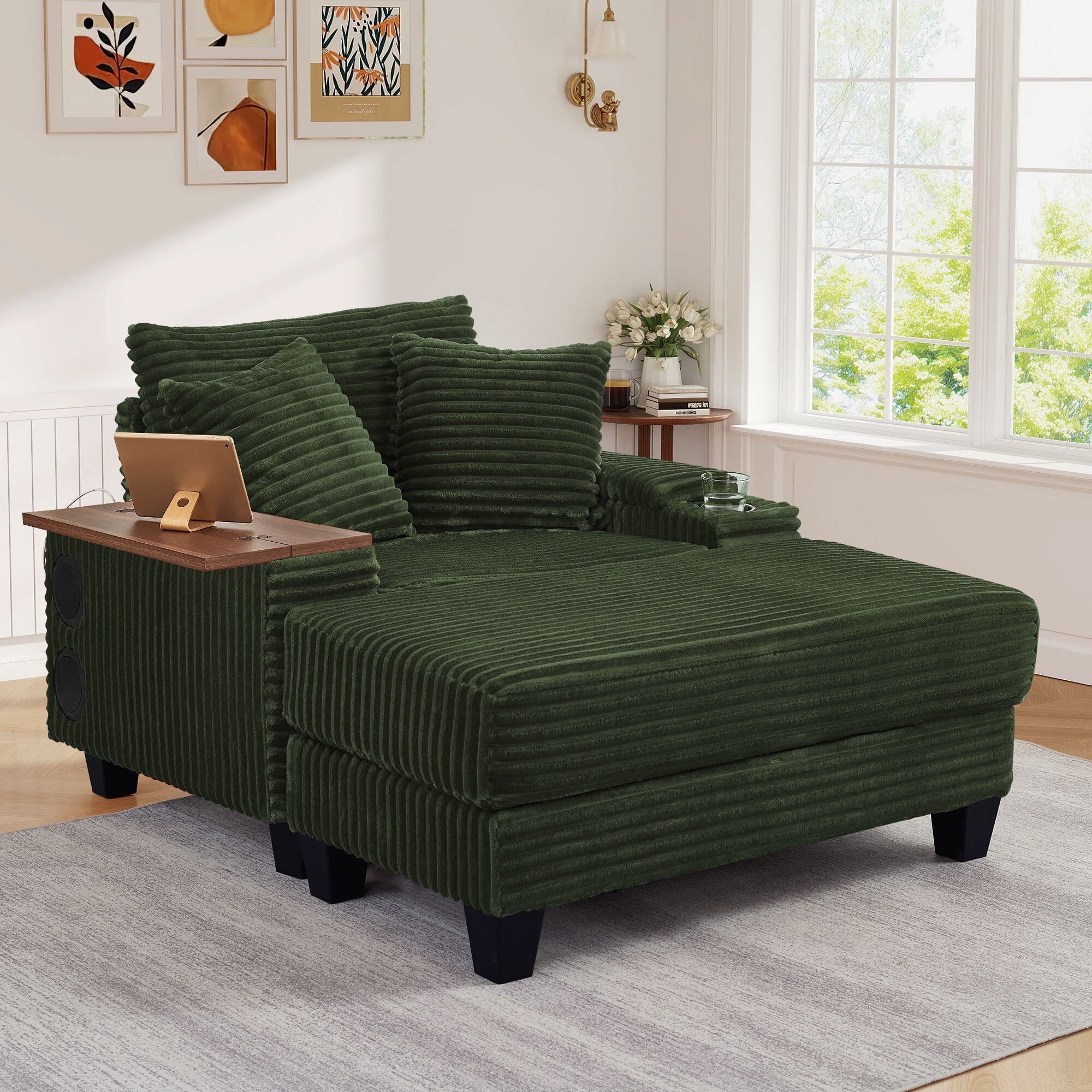 Muumblus Oversized Living Room Chair with Bluetooth Speaker, Ottoman, Rotating Table Board & USB, Cozy Indoor Lounge Reading Armchair, White Corduroy