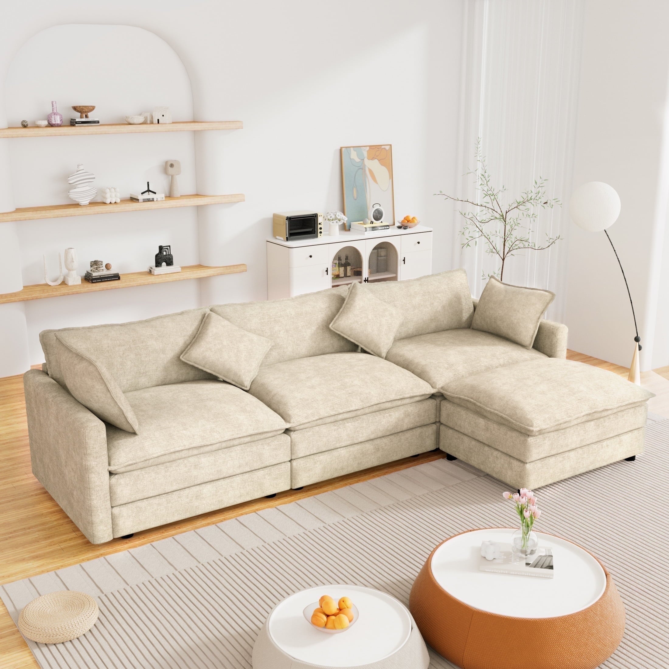 Muumblus Sectional Sofa Cloud Couch with Reversible Ottoman, L-Shaped Chenille Sofa for Living Rooms, Beige