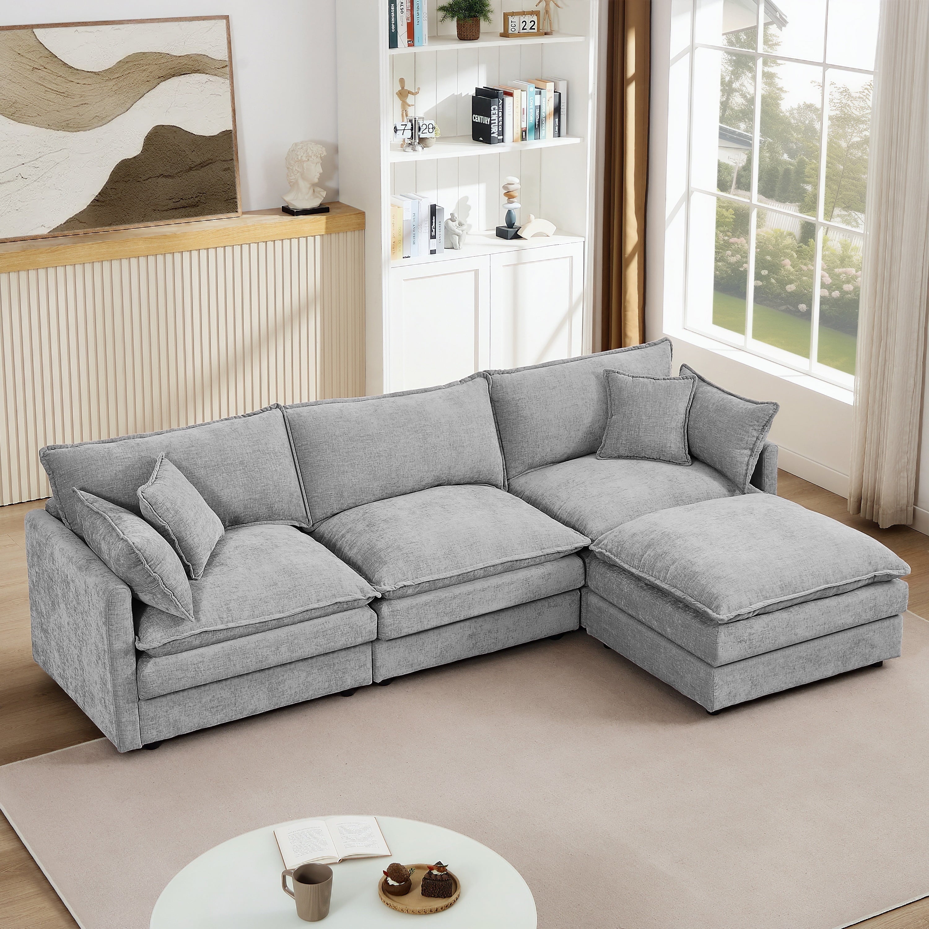 Muumblus Sectional Sofa Cloud Couch with Reversible Ottoman, L-Shaped Chenille Sofa for Living Rooms, Beige