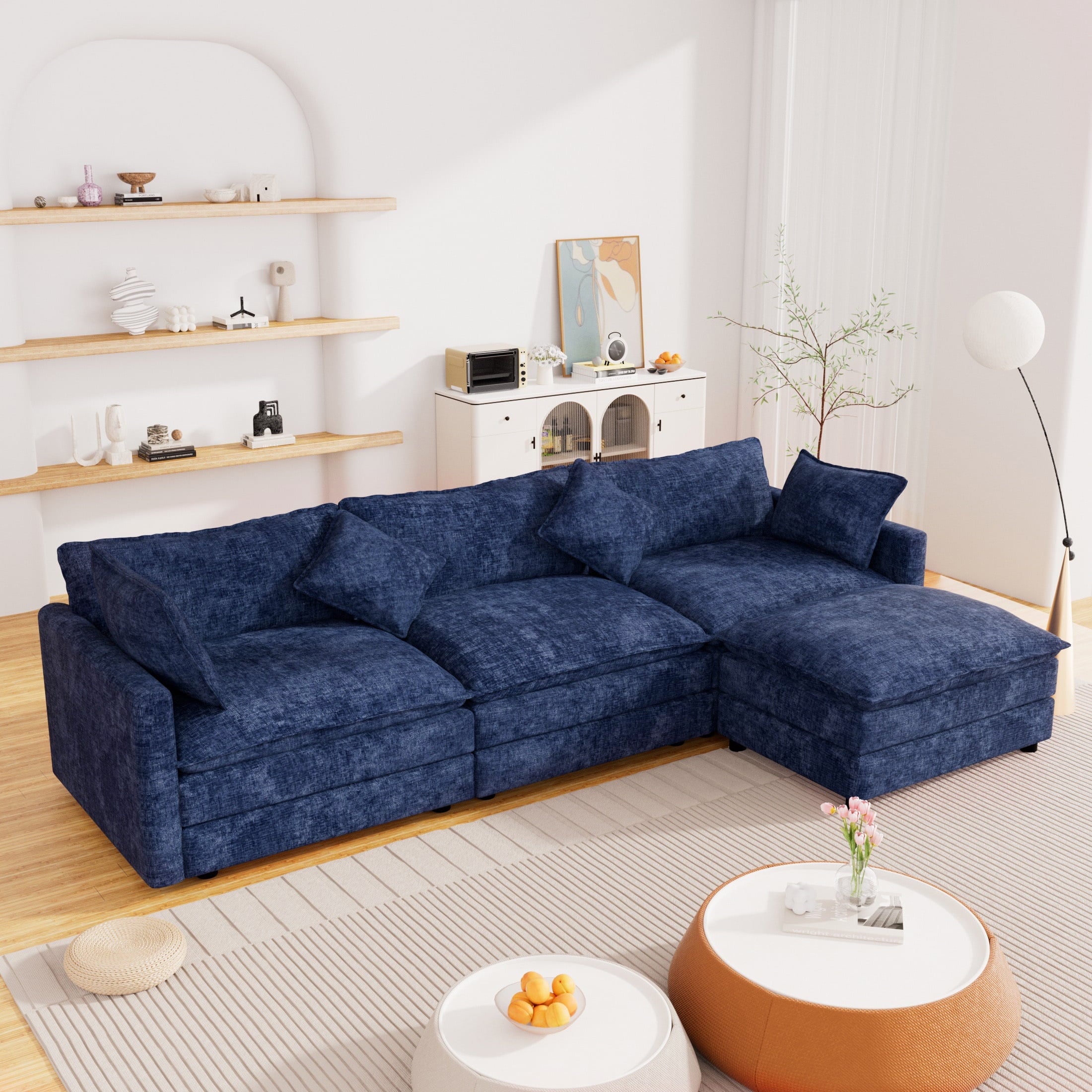 Muumblus Sectional Sofa Cloud Couch with Reversible Ottoman, L-Shaped Chenille Sofa for Living Rooms, Beige