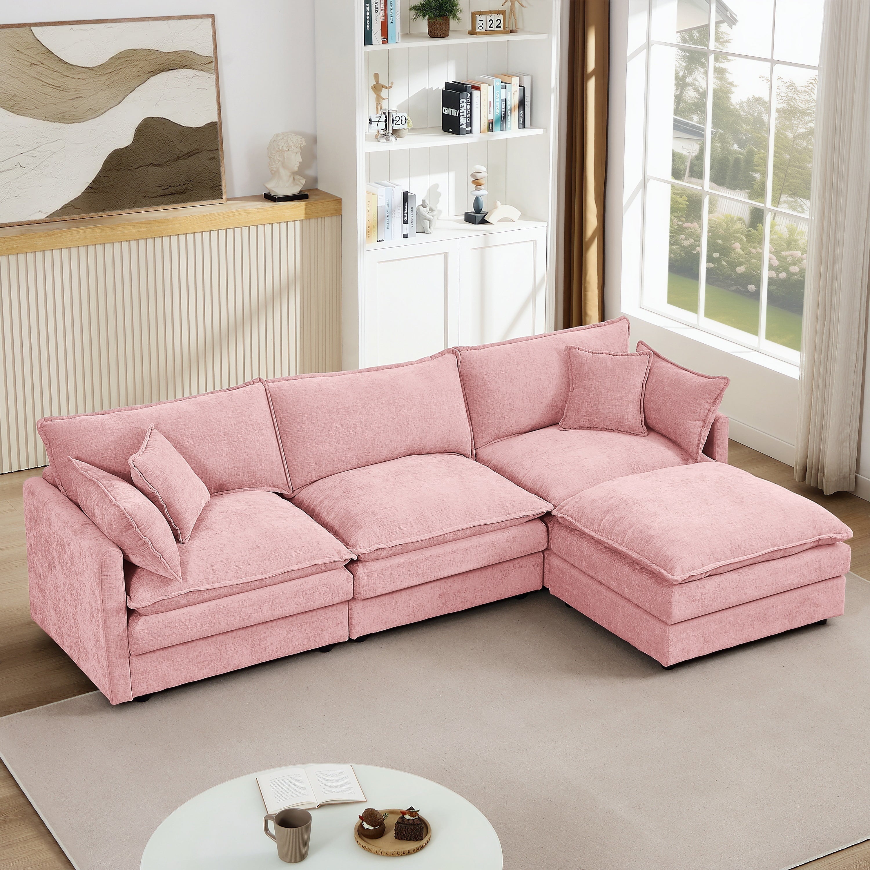 Muumblus Sectional Sofa Cloud Couch with Reversible Ottoman, L-Shaped Chenille Sofa for Living Rooms, Beige
