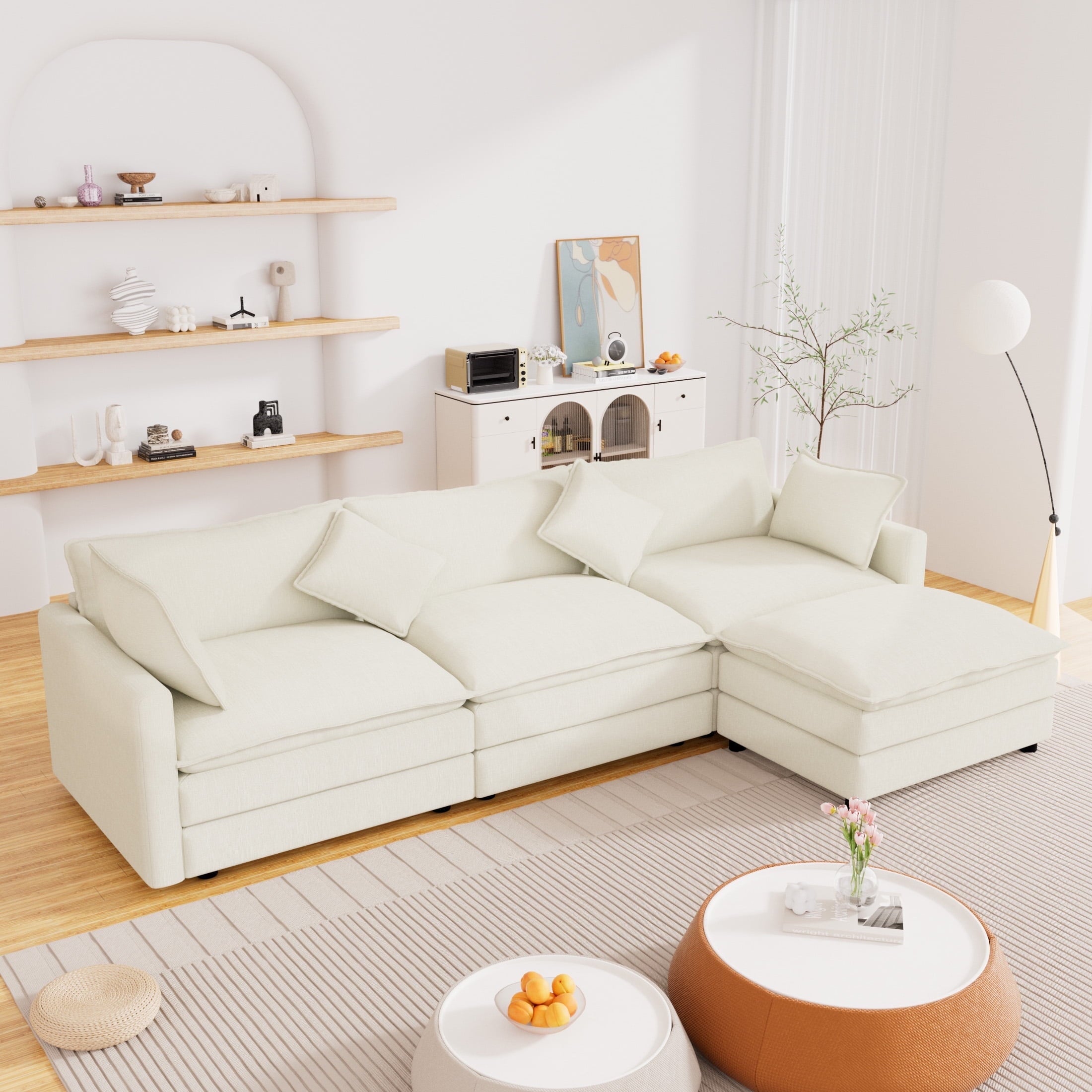 Muumblus Sectional Sofa Cloud Couch with Reversible Ottoman, L-Shaped Chenille Sofa for Living Rooms, Beige