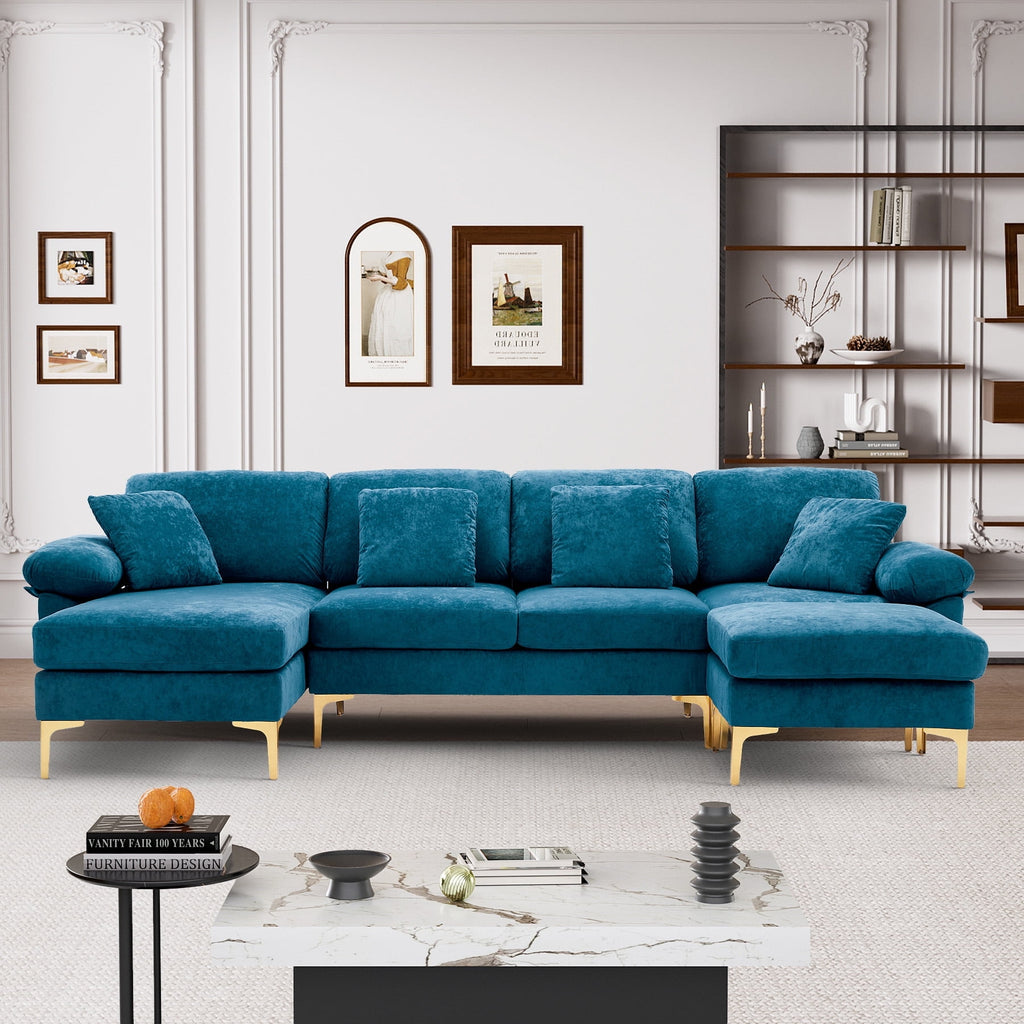 Wiilayok 114" U-Shaped Sectional Sofa,Velvet Modular 4 Seat Sofa Set for Living Room,Convertible L Shaped Sofa Couch Set with Chaise Lounge, Ottoman and Pillows