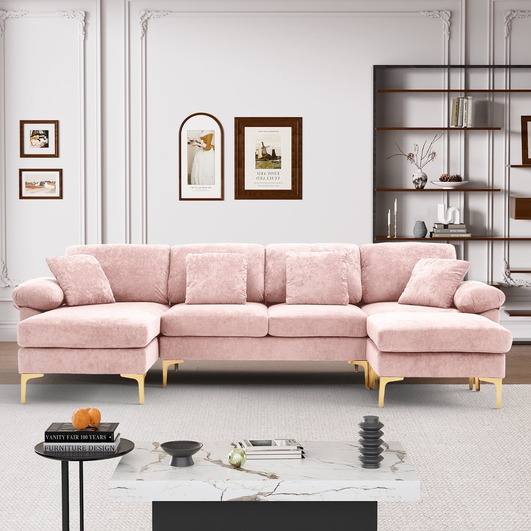 Wiilayok 114" U-Shaped Sectional Sofa,Velvet Modular 4 Seat Sofa Set for Living Room,Convertible L Shaped Sofa Couch Set with Chaise Lounge, Ottoman and Pillows