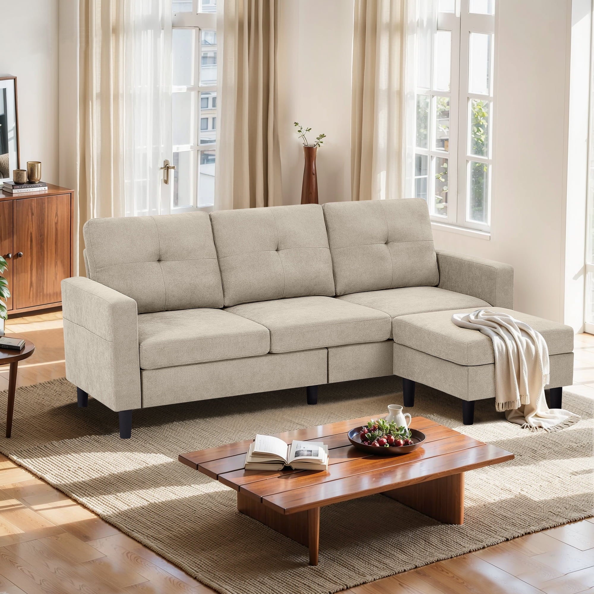 Pingliang Home Convertible Sectional Sofa with Footstool Living Room Sofa Couch with Storage Ottoman and Side Pockets,Modern 3 Seat L Shaped Couches