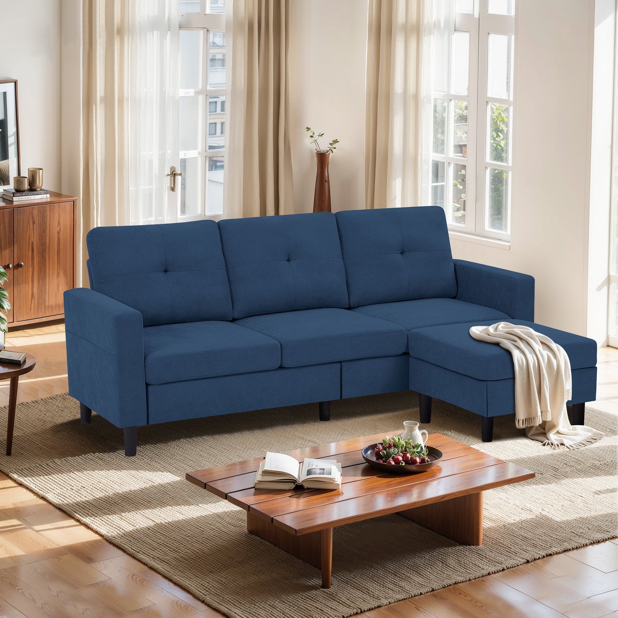 Pingliang Home Convertible Sectional Sofa with Footstool Living Room Sofa Couch with Storage Ottoman and Side Pockets,Modern 3 Seat L Shaped Couches