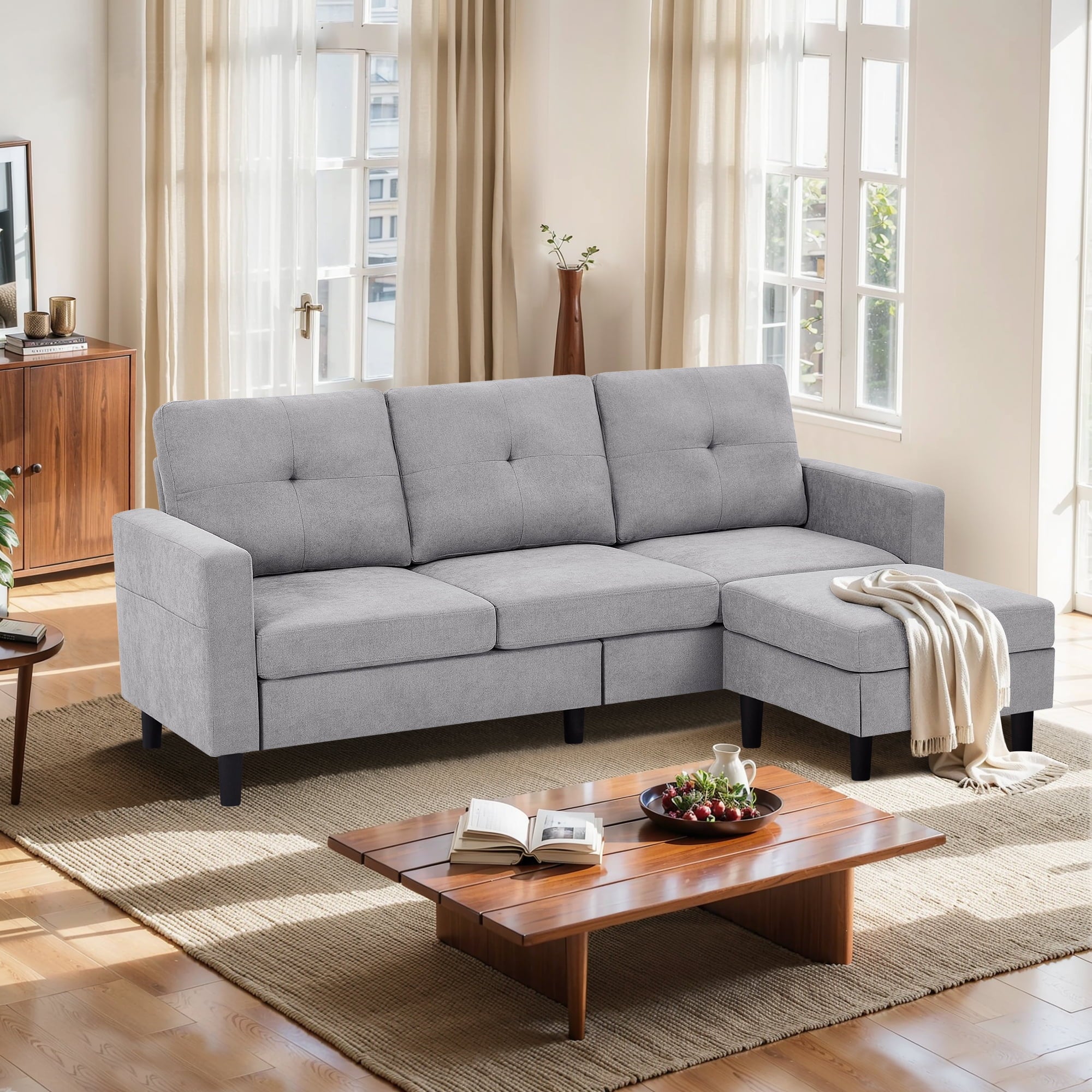 Pingliang Home Convertible Sectional Sofa with Footstool Living Room Sofa Couch with Storage Ottoman and Side Pockets,Modern 3 Seat L Shaped Couches