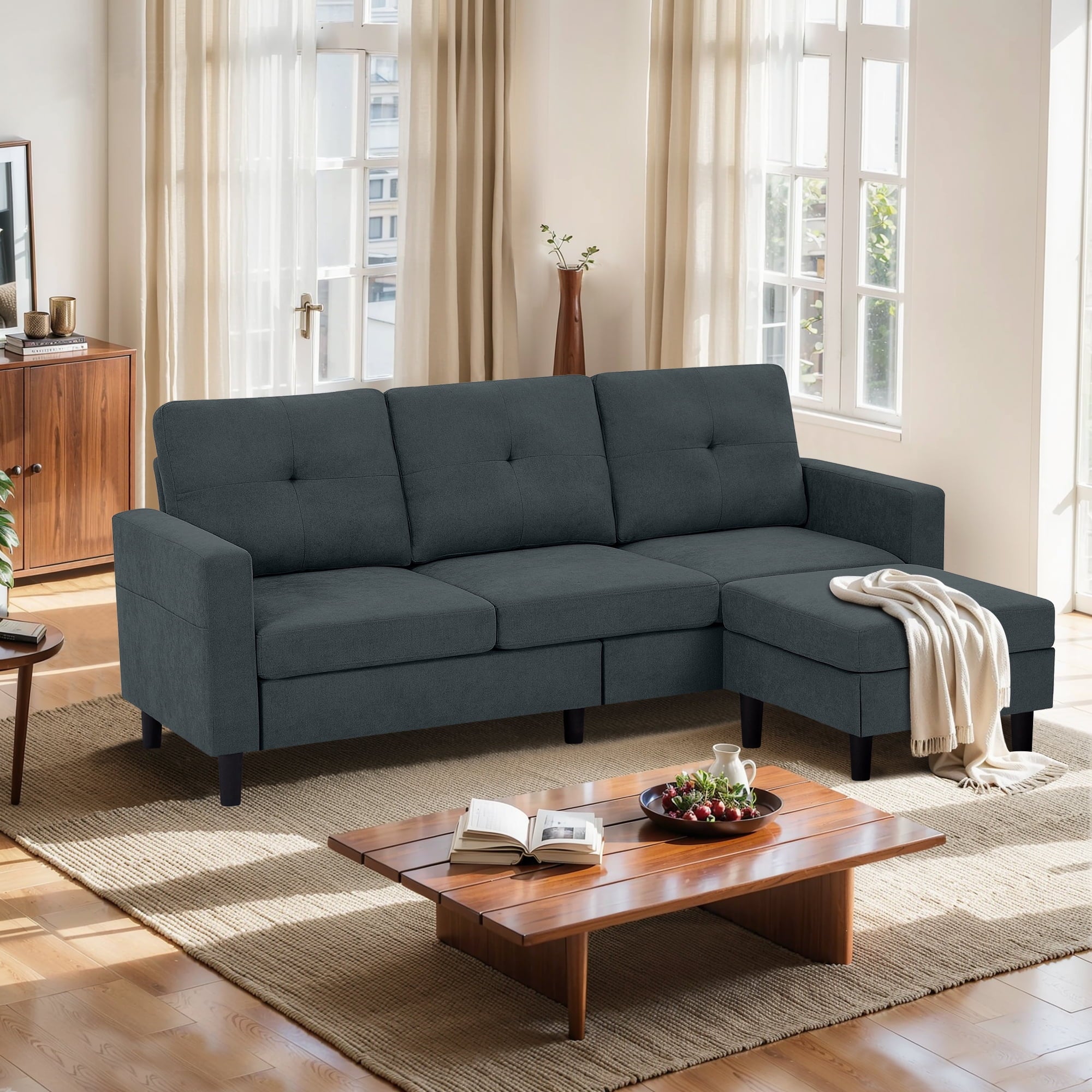 Pingliang Home Convertible Sectional Sofa with Footstool Living Room Sofa Couch with Storage Ottoman and Side Pockets,Modern 3 Seat L Shaped Couches