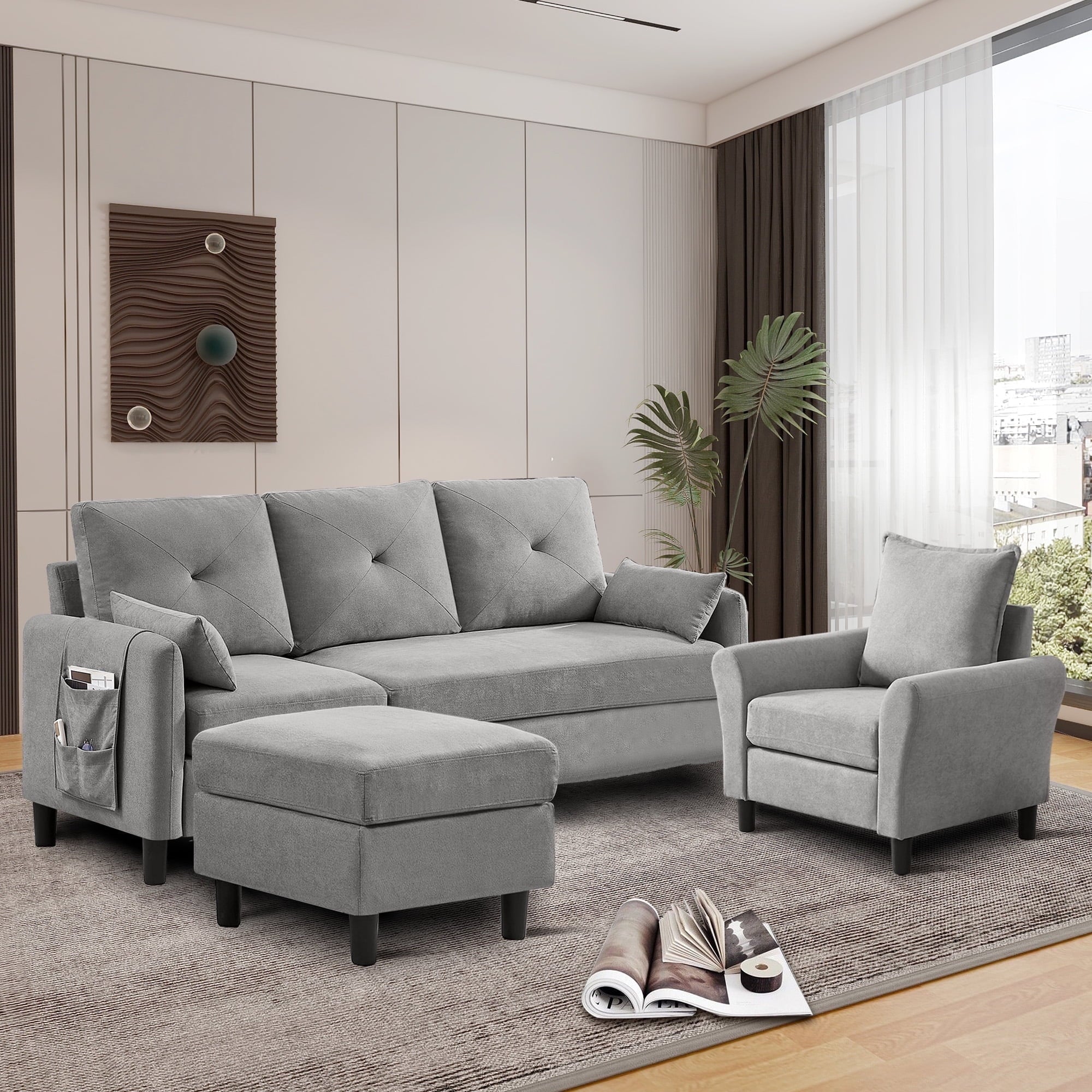 Pingliang Home Sofa Set, Convertible Sectional Sofa & Accent Chair,3 Seat L-Shaped Couch with Reversible Storage Ottoman&Side Pocket, Furniture Set for Living Room Office Apt
