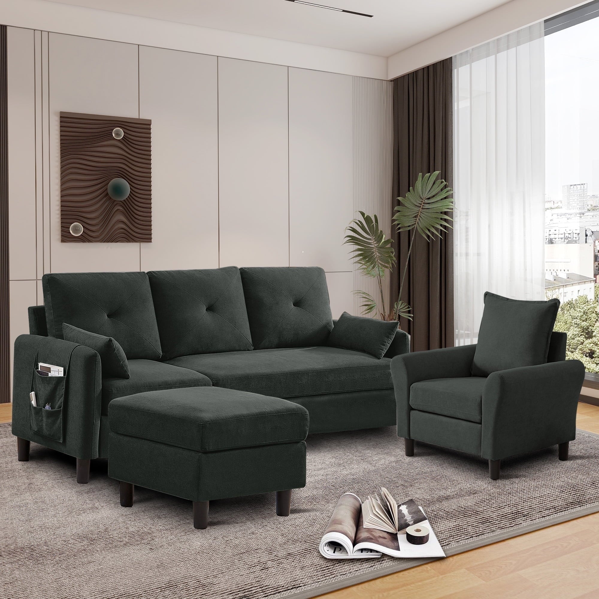 Pingliang Home Sofa Set, Convertible Sectional Sofa & Accent Chair,3 Seat L-Shaped Couch with Reversible Storage Ottoman&Side Pocket, Furniture Set for Living Room Office Apt