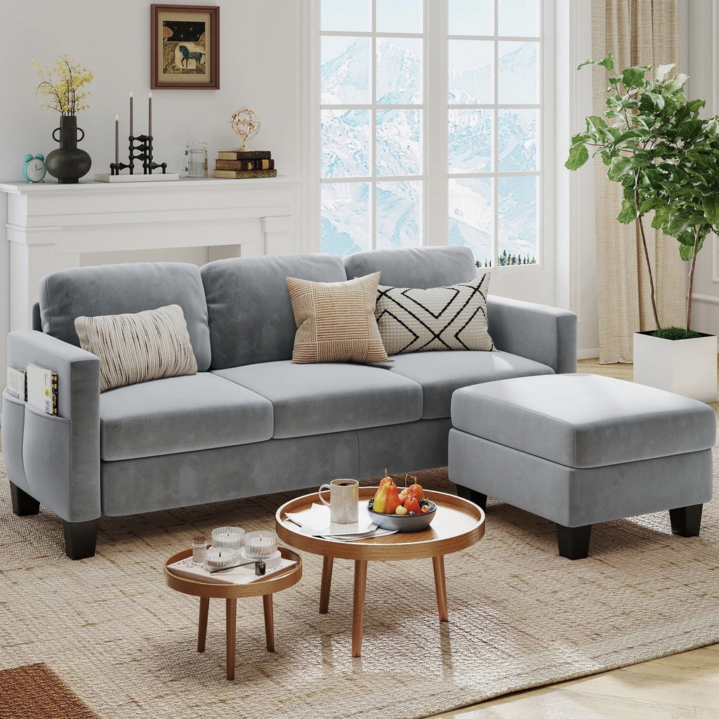 Pinmoco L-Shaped Sectional Sofa Couch for Living Room, 3 Seat Velvet Convertible Sofa with Movable Storage Ottoman and Side Pockets, Gray