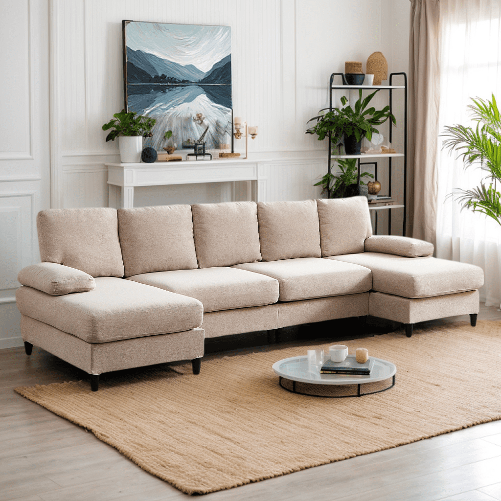 Puremind 114"W U-Shaped Sectional Sofa, Linen 4 Seat Sectional Couch with Double Chaises for Living Room/Apartment, Beige