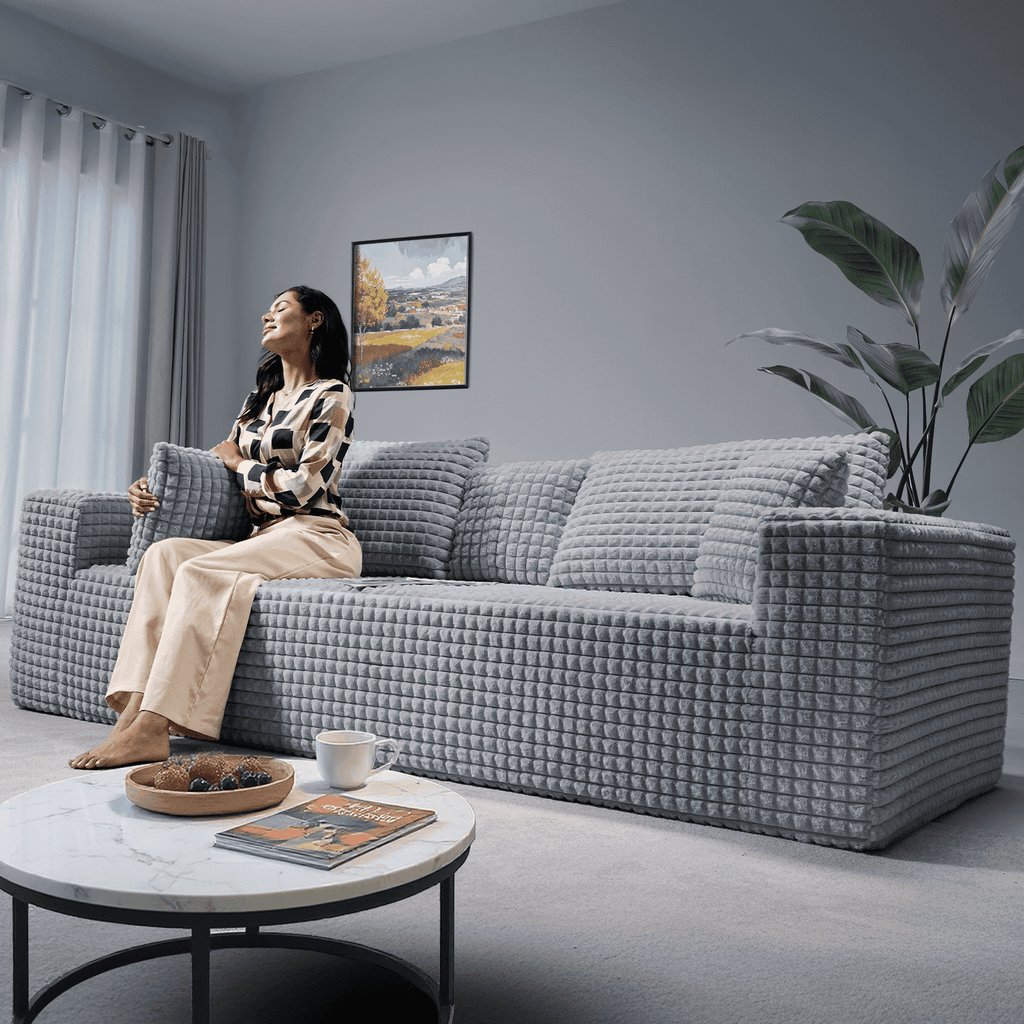 101" No-Assembly Diamond Sofa for living Room, 4 Seater Couch with 30-inch Deep Seat, Soft Fleece Design with 2-Layer Sponge - Ready to Use Out of the Box