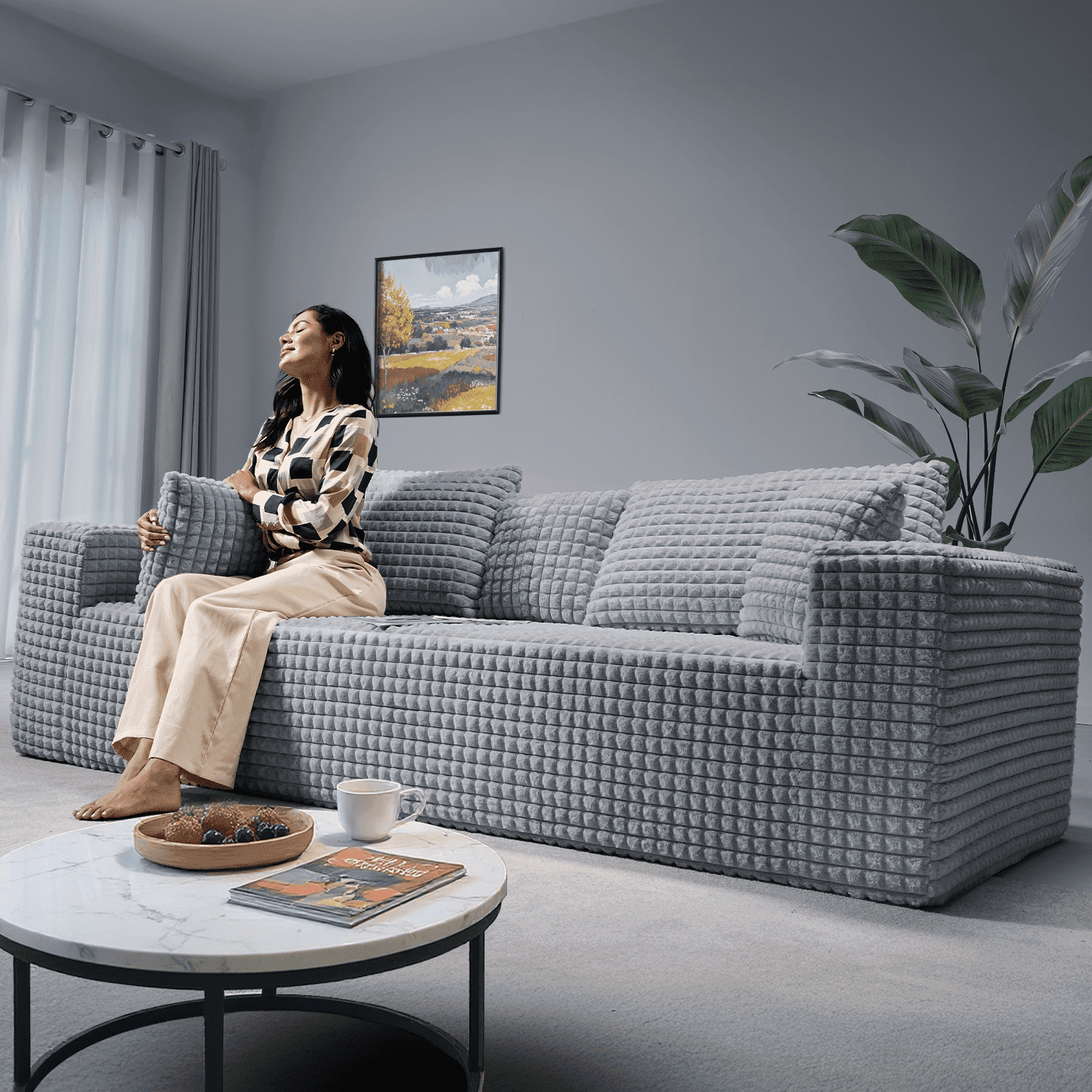 101" No-Assembly Diamond Sofa for living Room, 4 Seater Couch with 30-inch Deep Seat, Soft Fleece Design with 2-Layer Sponge - Ready to Use Out of the Box