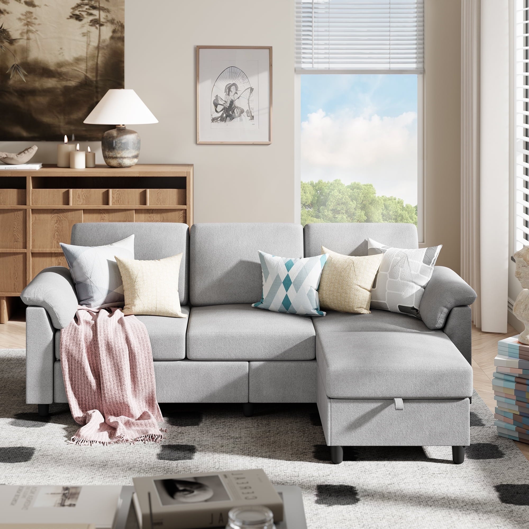 Sobaniilo 79.1" Sectional Sofa with Movable Storage Ottoman, L-Shaped Convertible Sofa Couch for Small Living Room, Dark Gray