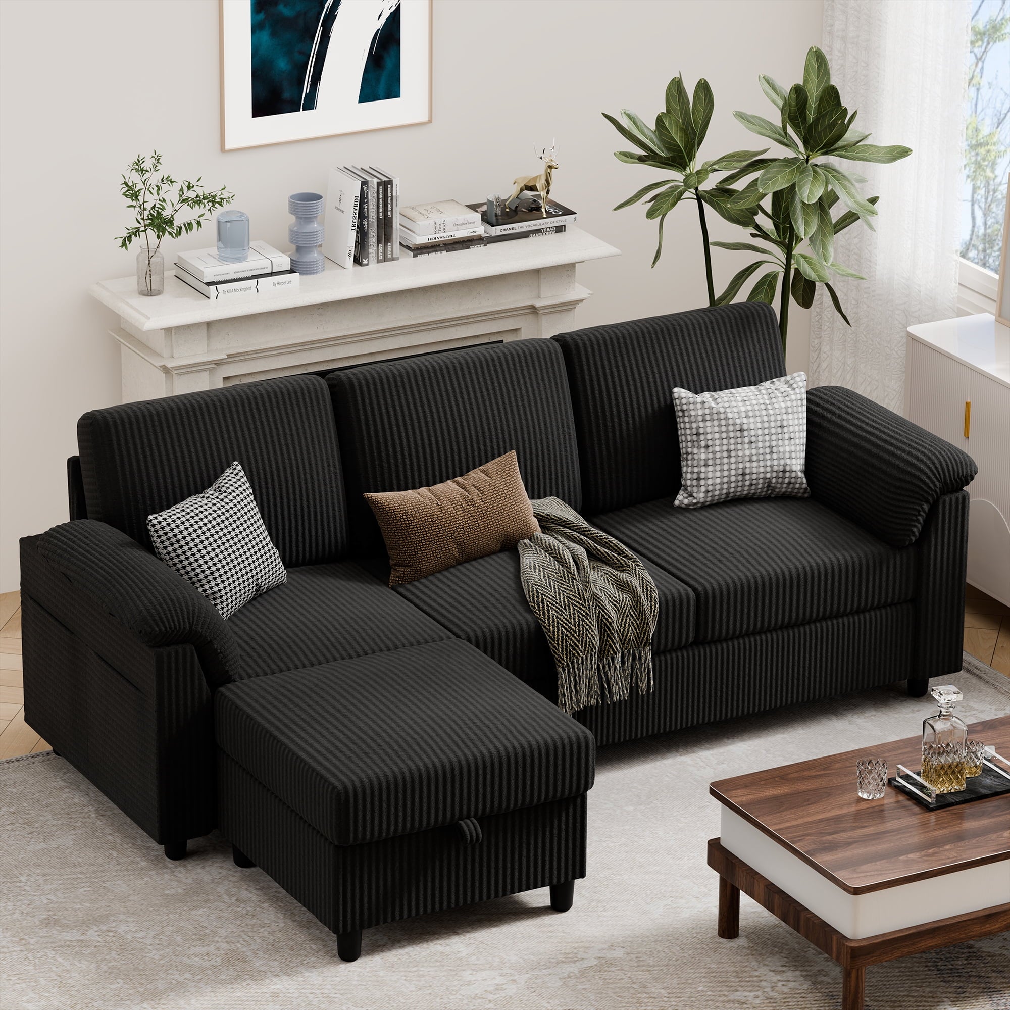 Sobaniilo 79.1" Sectional Sofa with Movable Storage Ottoman, L-Shaped Convertible Sofa Couch for Small Living Room, Dark Gray