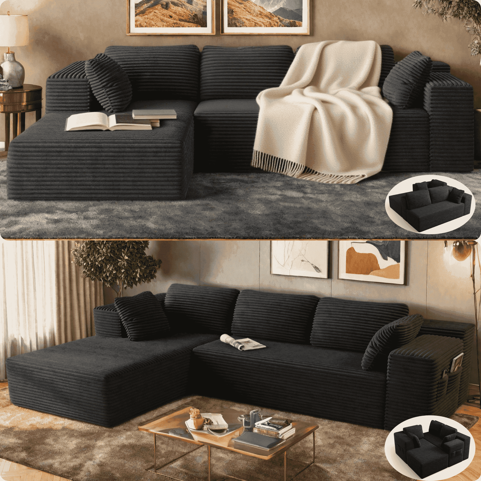 Lofka 105" Cloud L-Shaped Sectional Sofa and Couch with Movable Ottoman and Soft Seats for Living Room, No Assembly Required, Black (Plush Corduroy Fabric)