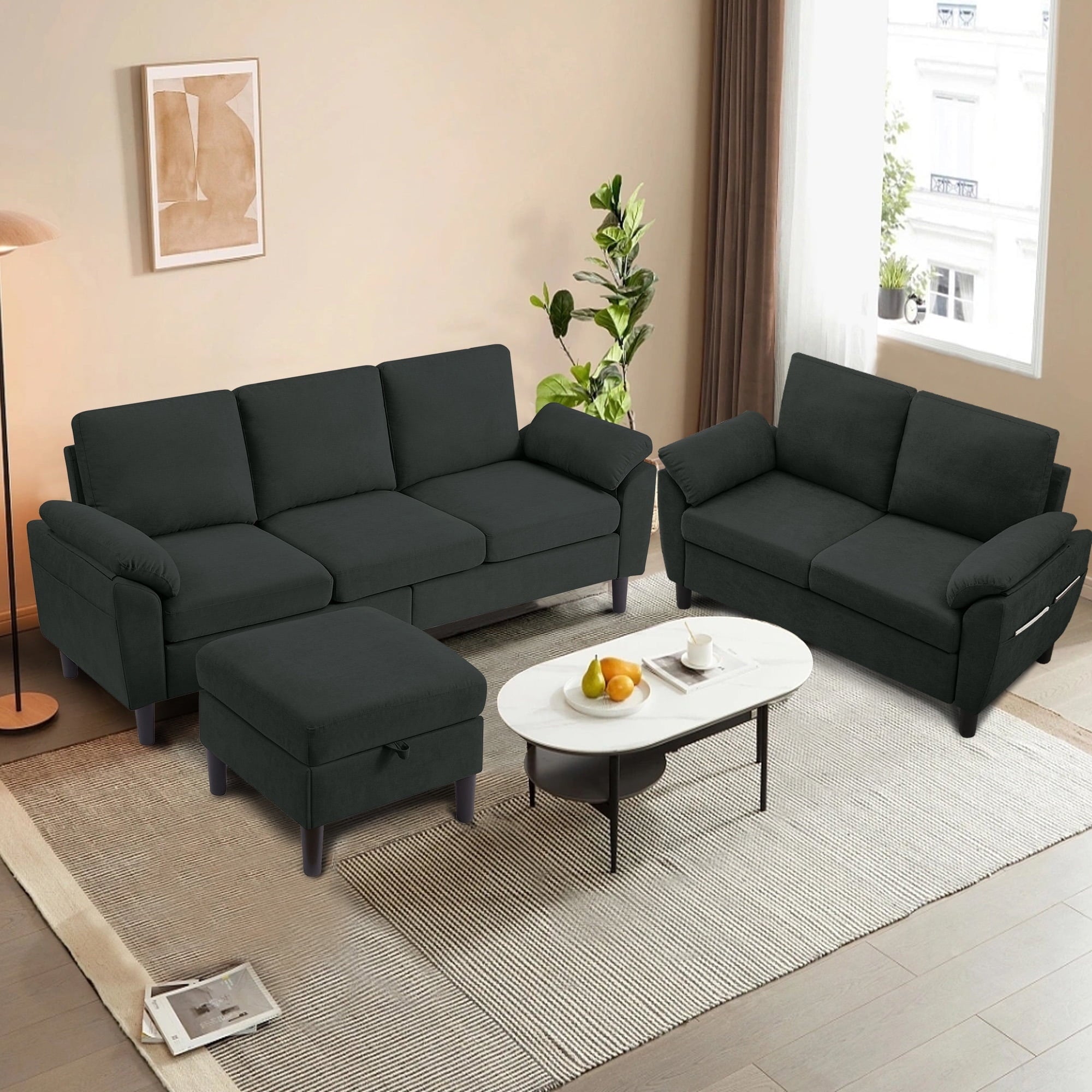 Soscana Living Room Furniture 2 Piece Set,Sectional Sofa Couch with Storage Ottoman and Double Seater Loveseat,Green
