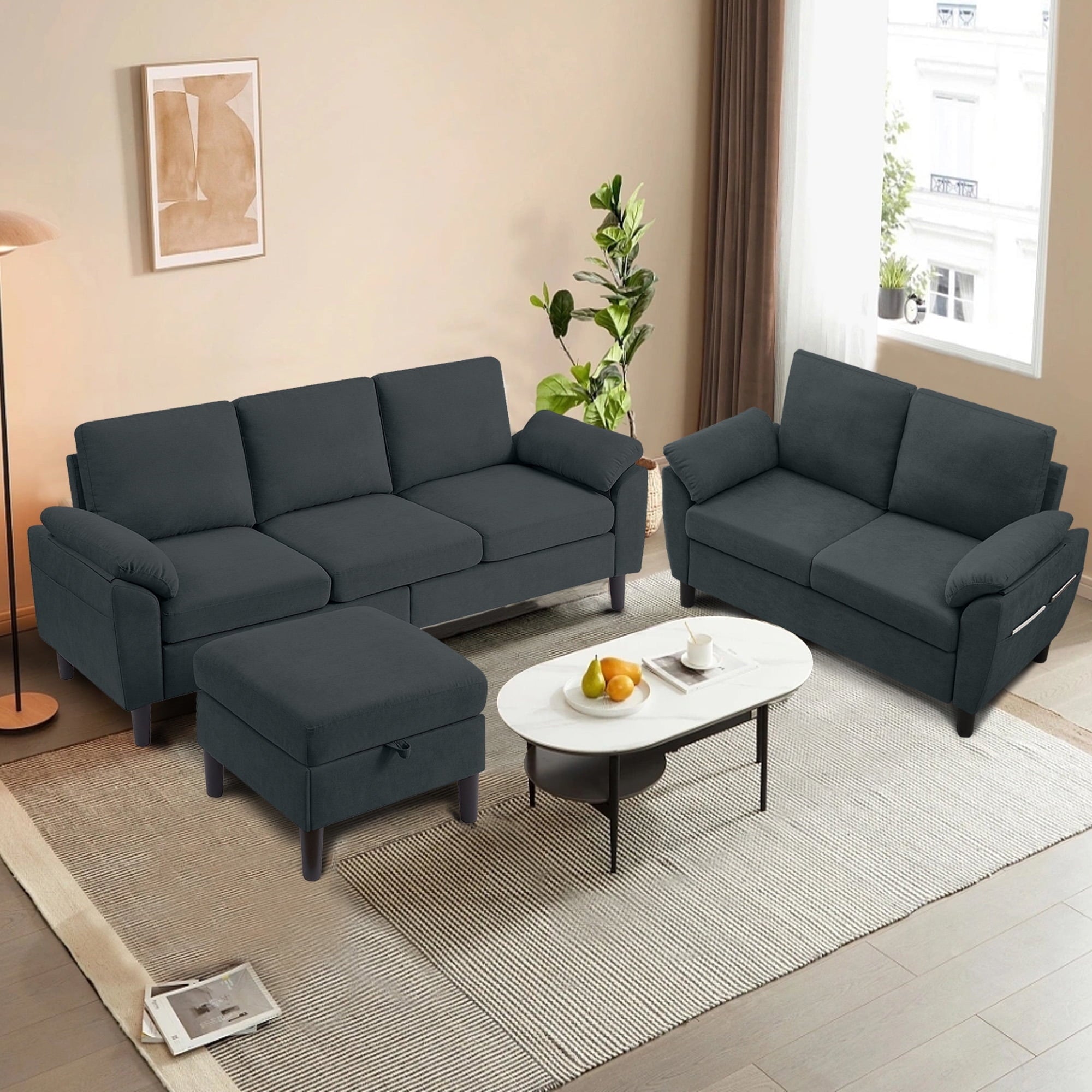 Soscana Living Room Furniture 2 Piece Set,Sectional Sofa Couch with Storage Ottoman and Double Seater Loveseat,Green
