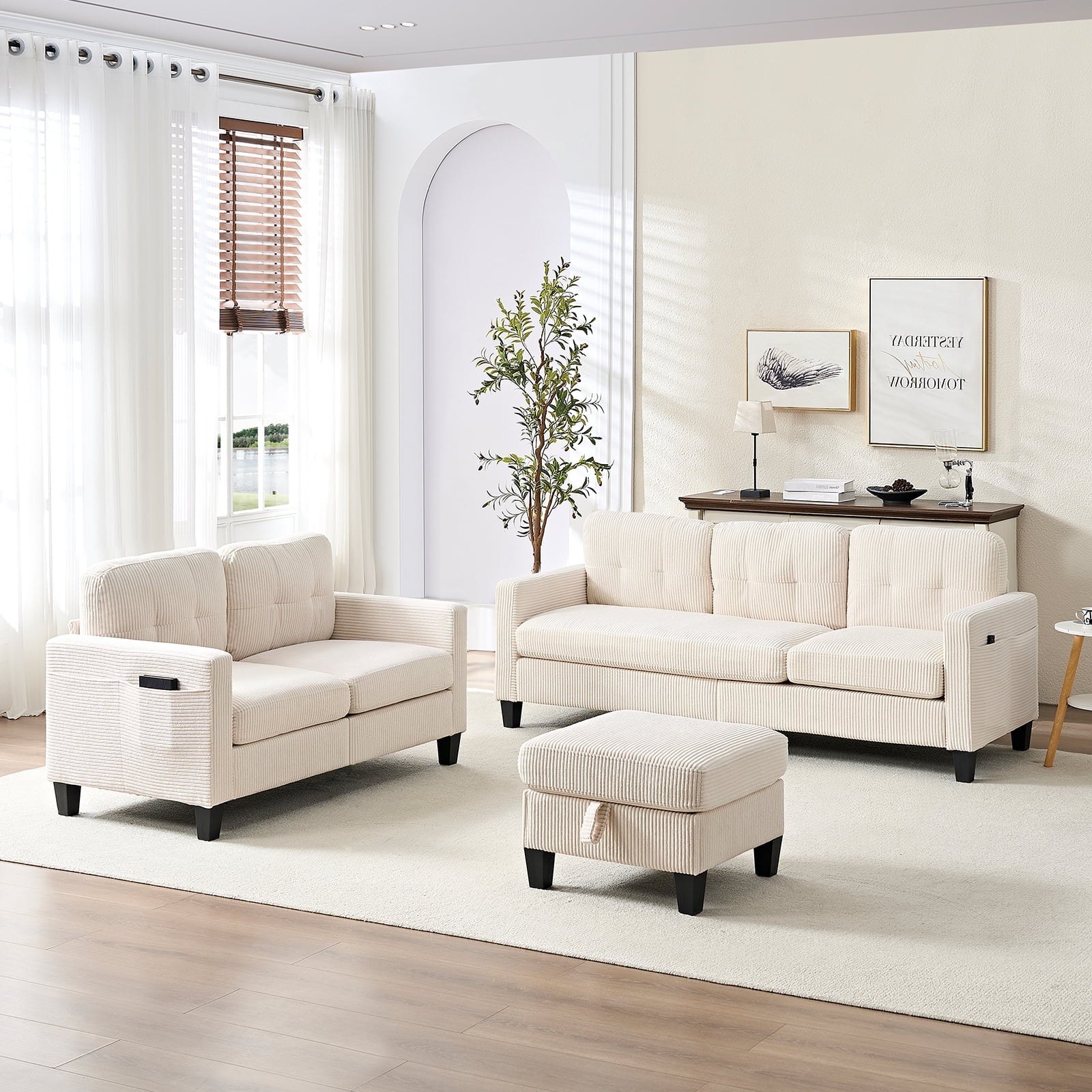 ZAFLY 3PCS Sectional Couch Set, Living Room Furniture Sofa Sets, Include Sofa, Loveseat & Chair - Green