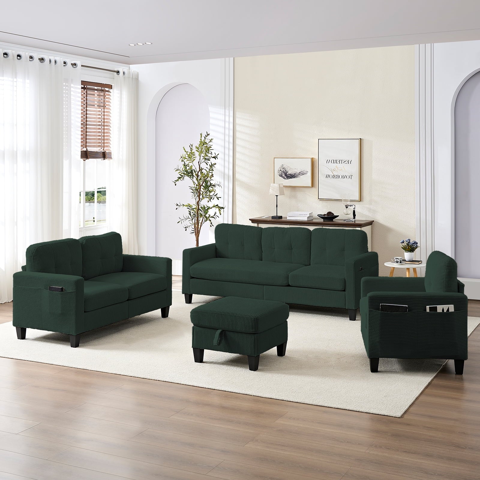 ZAFLY 3PCS Sectional Couch Set, Living Room Furniture Sofa Sets, Include Sofa, Loveseat & Chair - Green