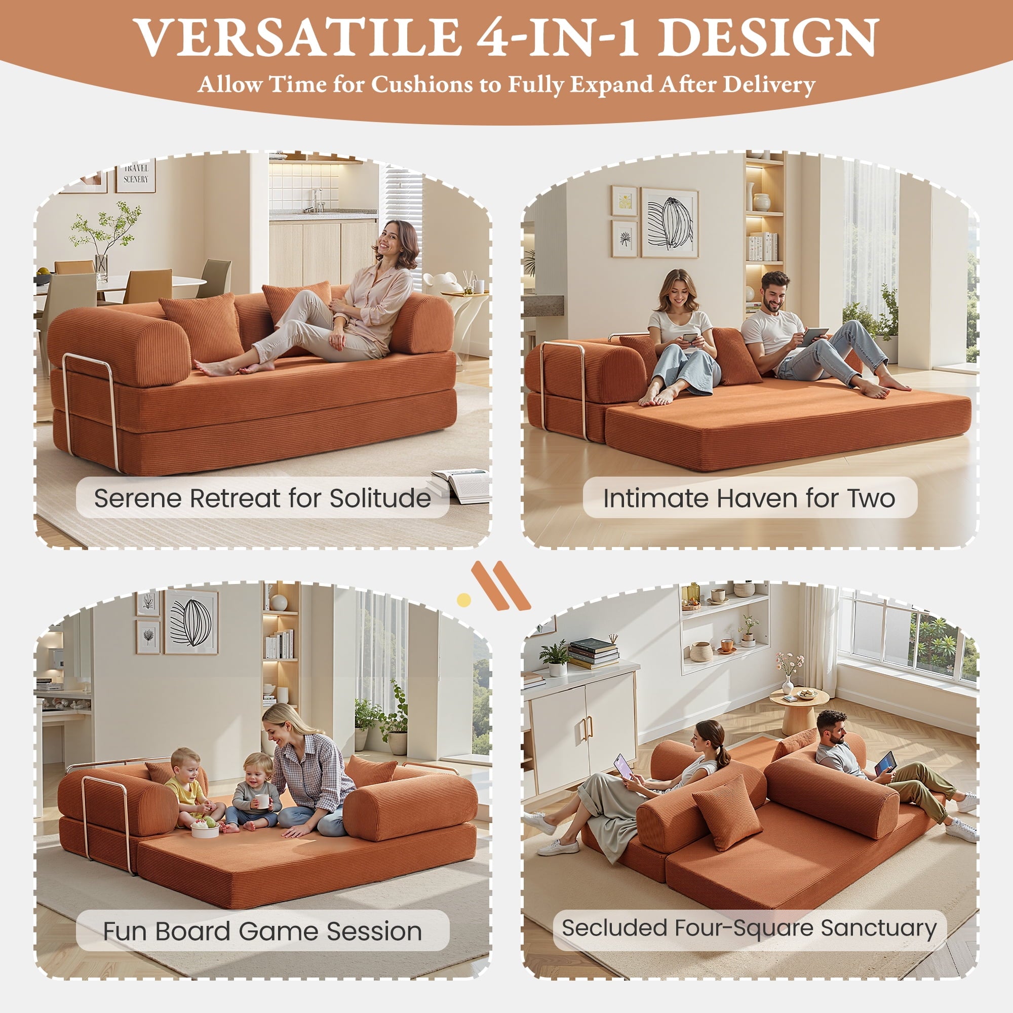 COOLHUT 78.7" W Combination Sofa, High Rebound Density Sponge Sofa Couch, Two Forms Floor Couch Three Seats Sofa Bed for Living Room, Bedroom, Pumpkin Brown