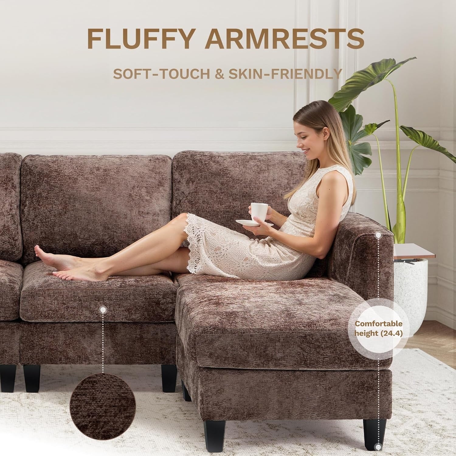 COLAMY 118" U Shaped Sectional Couches,4 Seat Modular Sofa with 2 Ottoman and Foldable Side Table for Living Room,Brown