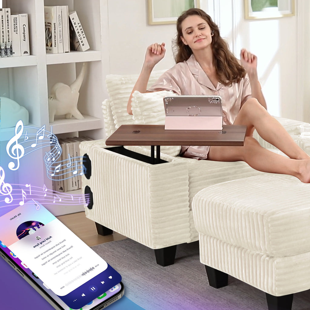 Muumblus Oversized Living Room Chair with Bluetooth Speaker, Ottoman, Rotating Table Board & USB, Cozy Indoor Lounge Reading Armchair, White Corduroy