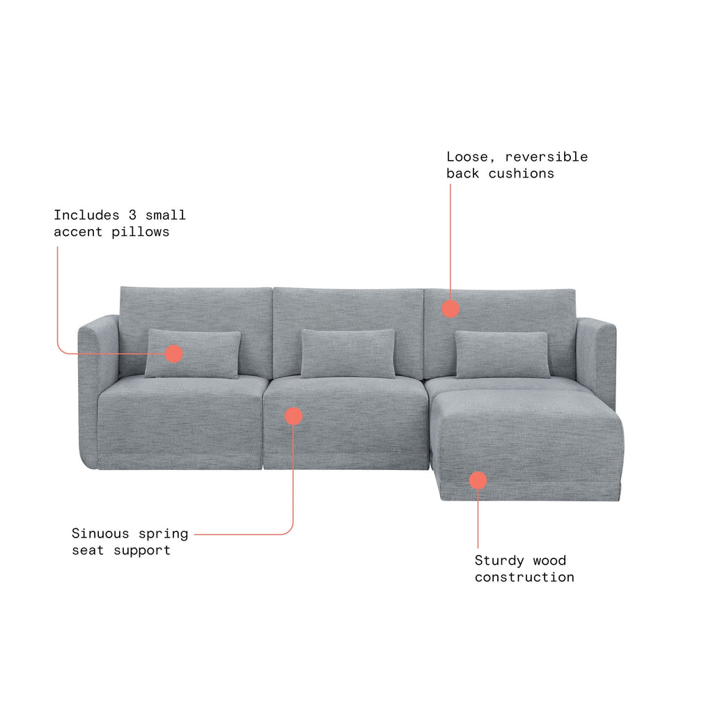 Beautiful Drew Modular Sectional Sofa with Ottoman by Drew Barrymore, Gray Fabric