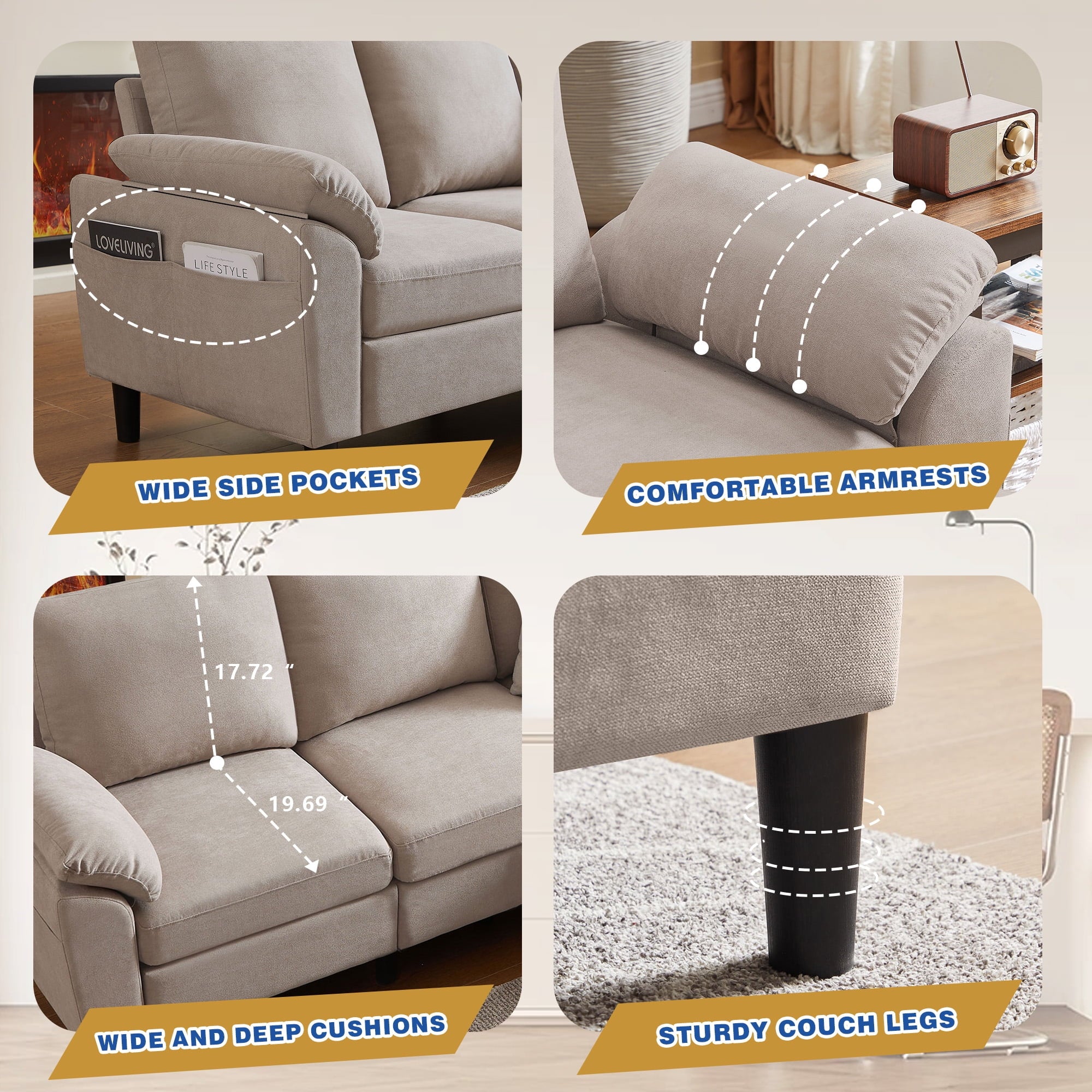 Jarenie 80" Convertible Sectional Sofa, Small L Shaped 3 Seat Couch with Reversible Storage Chaise, Modern Polyester Fabric Sofa Couches for Living Room, Apartment and Small Space, Beige